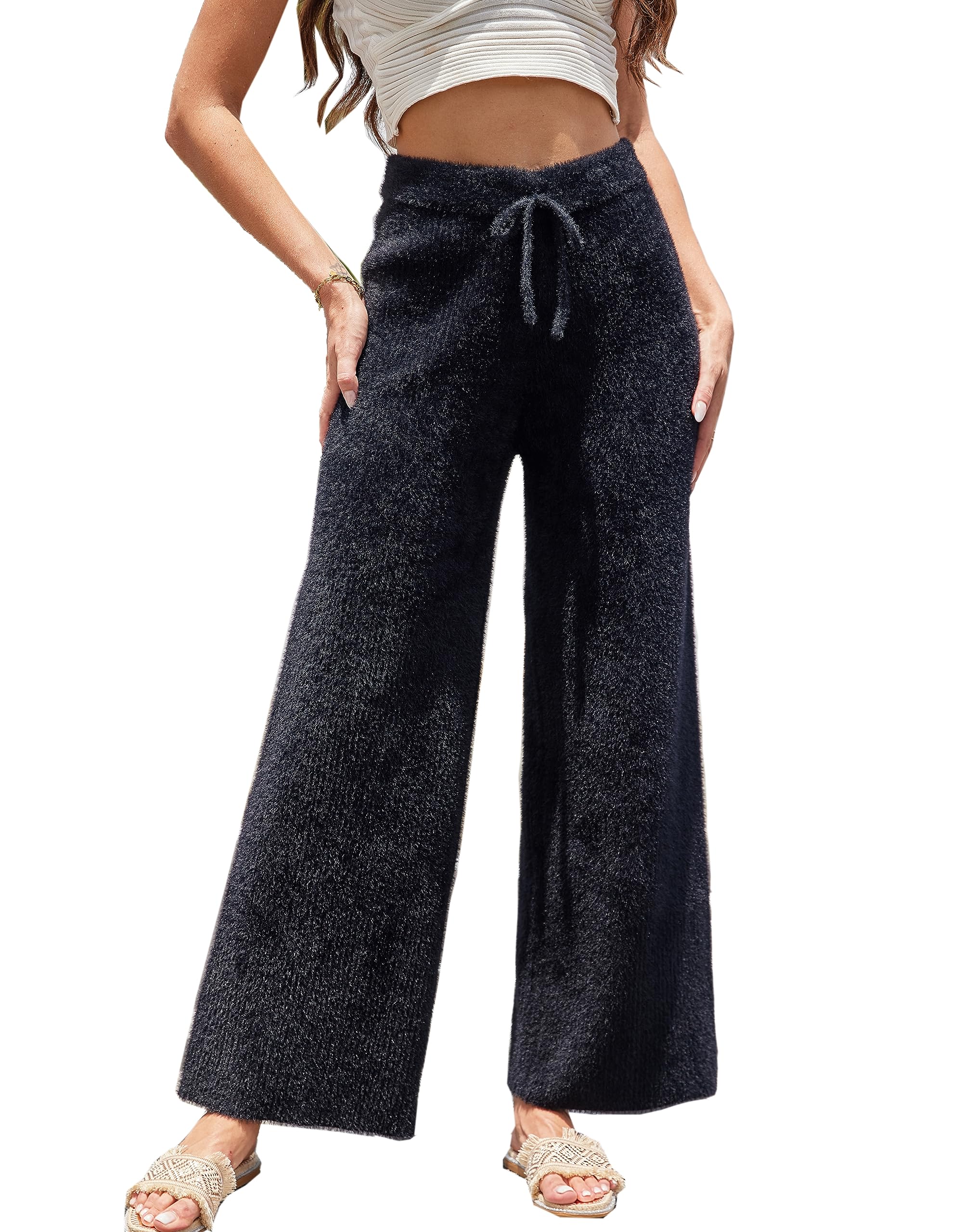 heipeiwaWomen's Knitted Thermal Winter Fall Furry Fluffy Wool Wide Leg Sweater Pants Trouser