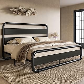 SHA CERLIN Queen Size Metal Bed Frame with Wooden Headboard and Footboar...