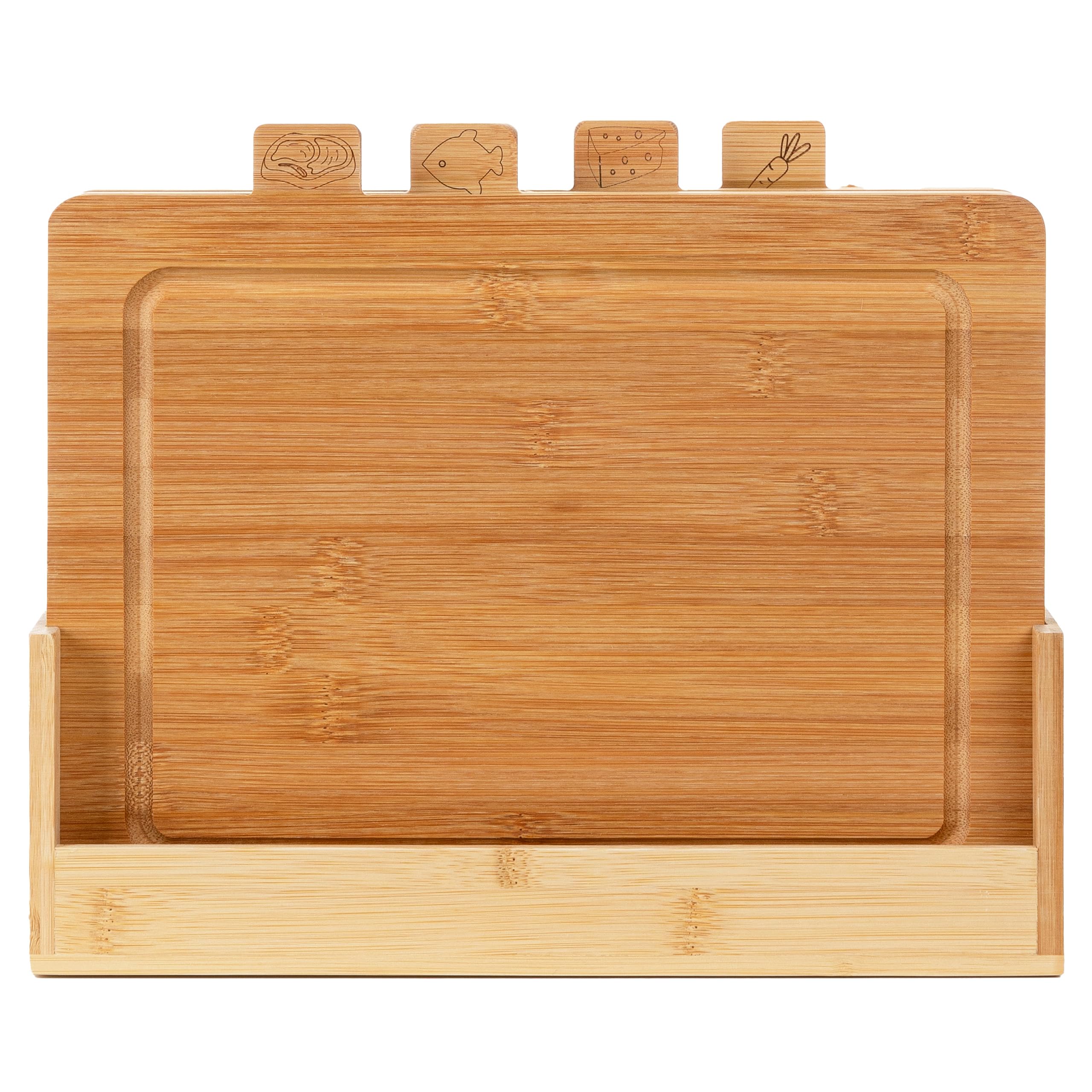 FLORINA Set of 4 Bamboo Chopping Boards with Stand CHEF I Natural Bamboo Cutting Blocks with Juice Grooves I Antibacterial I Universal Chopping Boards Suitable for Cheese, Meat, Fruit, Vegetables