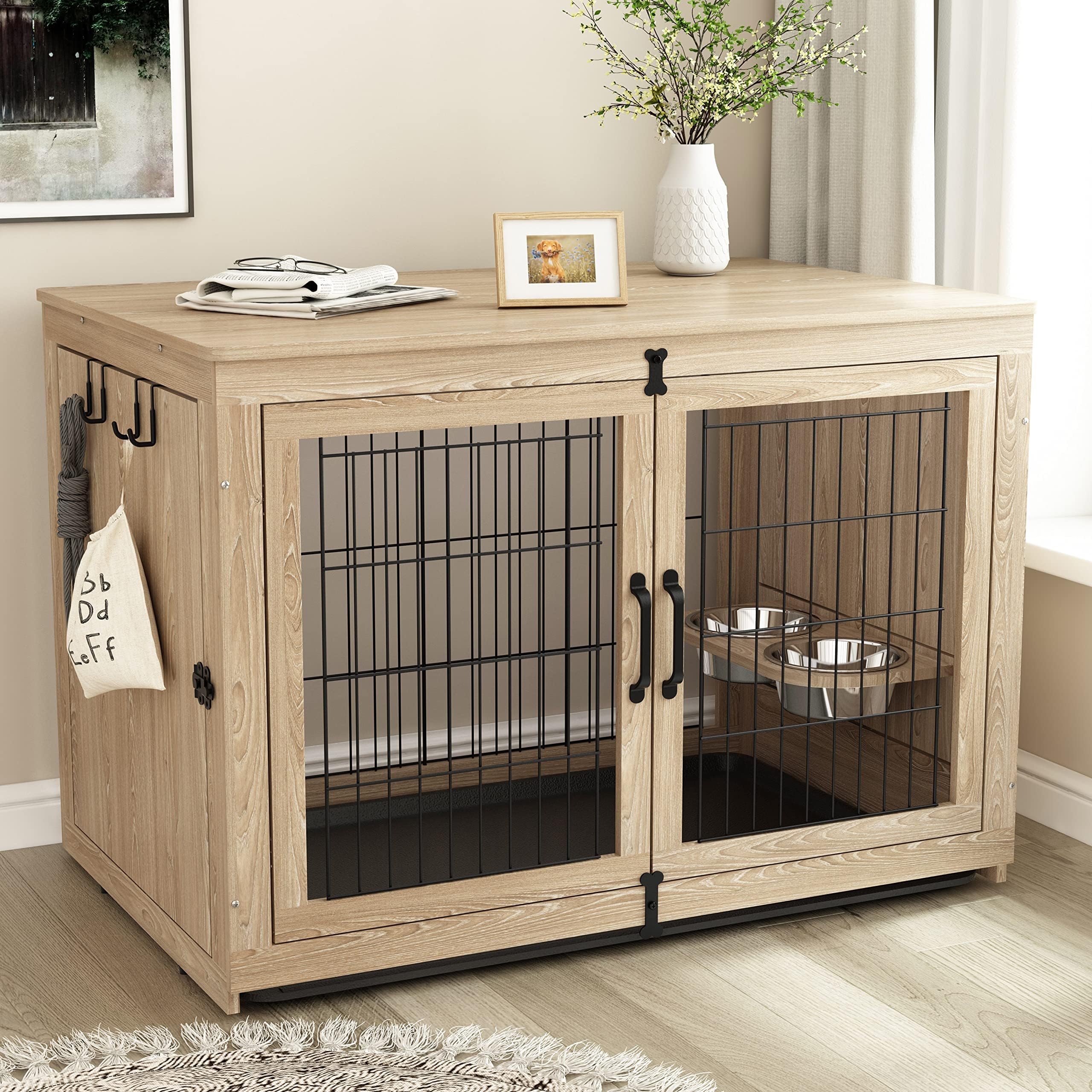 Piskyet Wooden Dog Crate Furniture with 360° Rotatable Removable Dog Bowls, Large Dog Crate End Table with Tray, Dog Kennels Indoor for Medium Dogs - Texture Grey, 43 inch