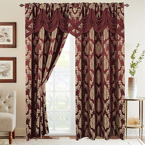 Elegant Comfort Juego de paneles de cortina de aspecto jacquard con cenefa de cascada adjunta (juego de 2), 54 x 84 pulgadas, color burdeos