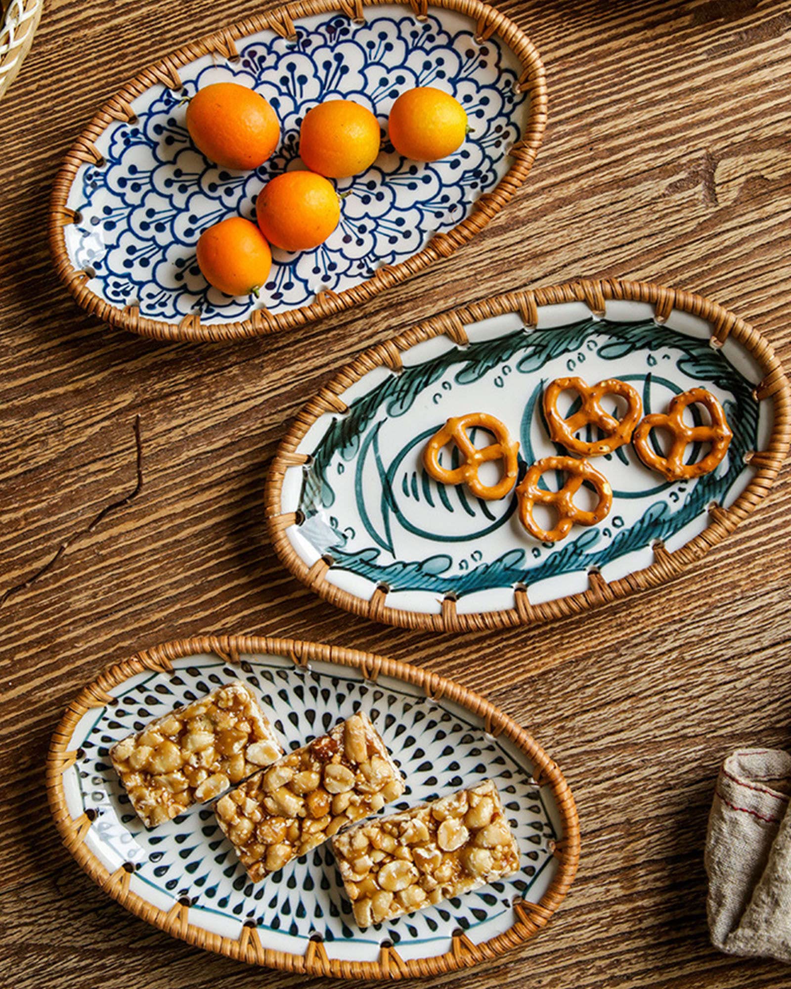talerz obiadowy, Podzielone talerze obiadowe, talerz Diet Control, mały ceramiczny deserowy, zestaw 2 talerzy na przekąski z rattanu(B)