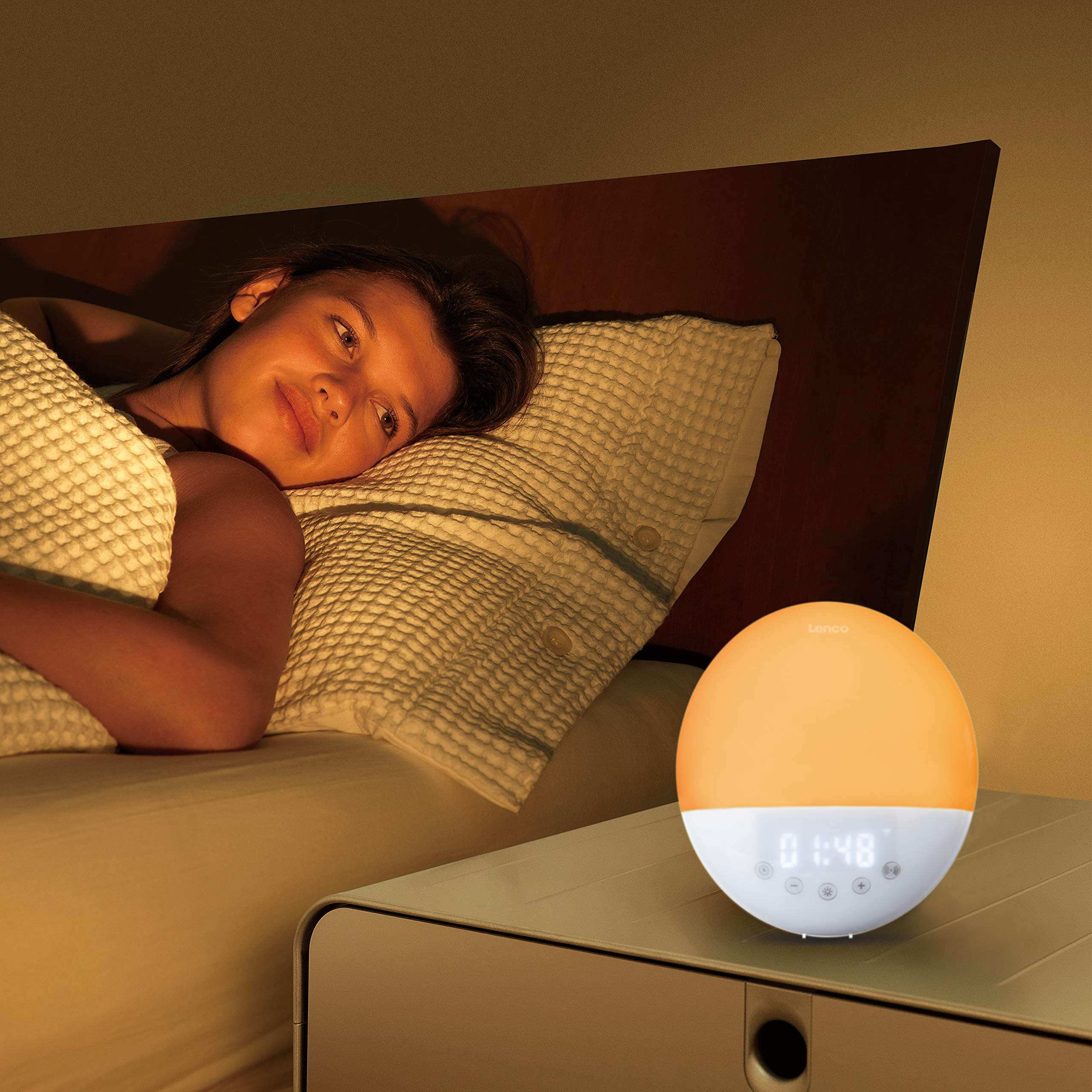 Lenco CRW-110 Wake-Up-Light - Lichtwecker - Sonnenaufgangfunktion - 7 Farben 30 Lichtintensitäten - mit Smartlife App steuern - Amazon Alexa - zwei Weckzeiten - weiß