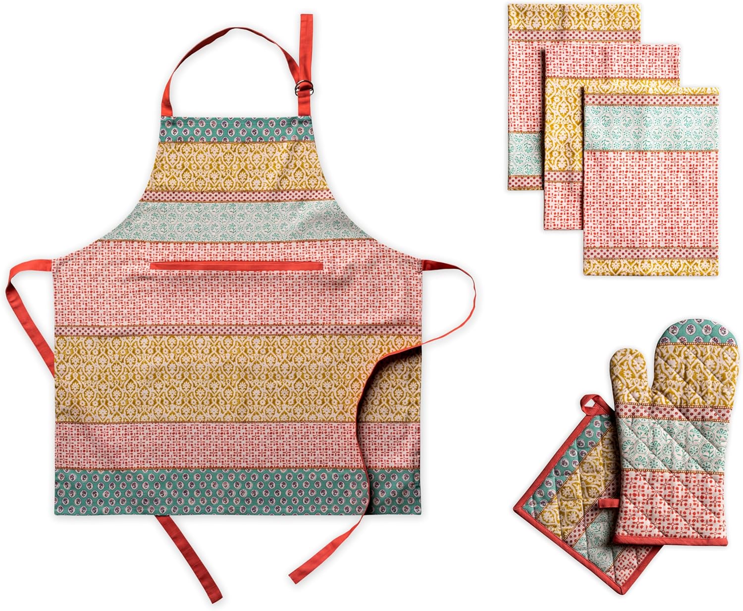 Maison d' Hermine Provence Bundle Set 100% Cotton Apron (27.50" by 31.50"), Set of 3 Kitchen Towels (20" by 27.5") and Oven Mitt (7.5 Inch by 13 Inch)/Pot Holder (8 Inch by 8 Inch)