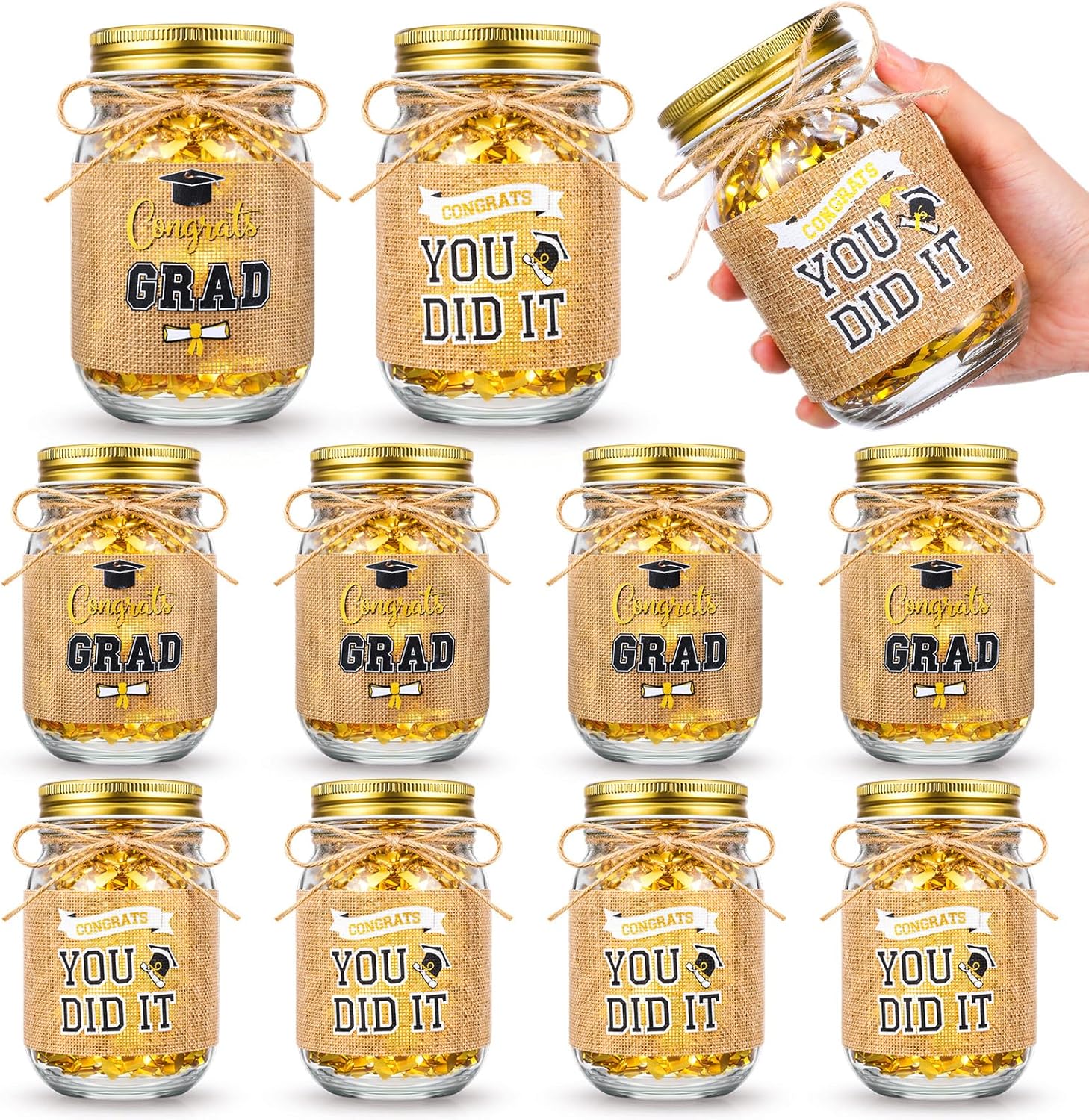 8 Sets Graduation Table Centerpieces 2026 Graduation Mason Jar with Lights Grad Burlap Covers Metallic Raffia for Class of 2026 Party Table Decor High School College(Gold)