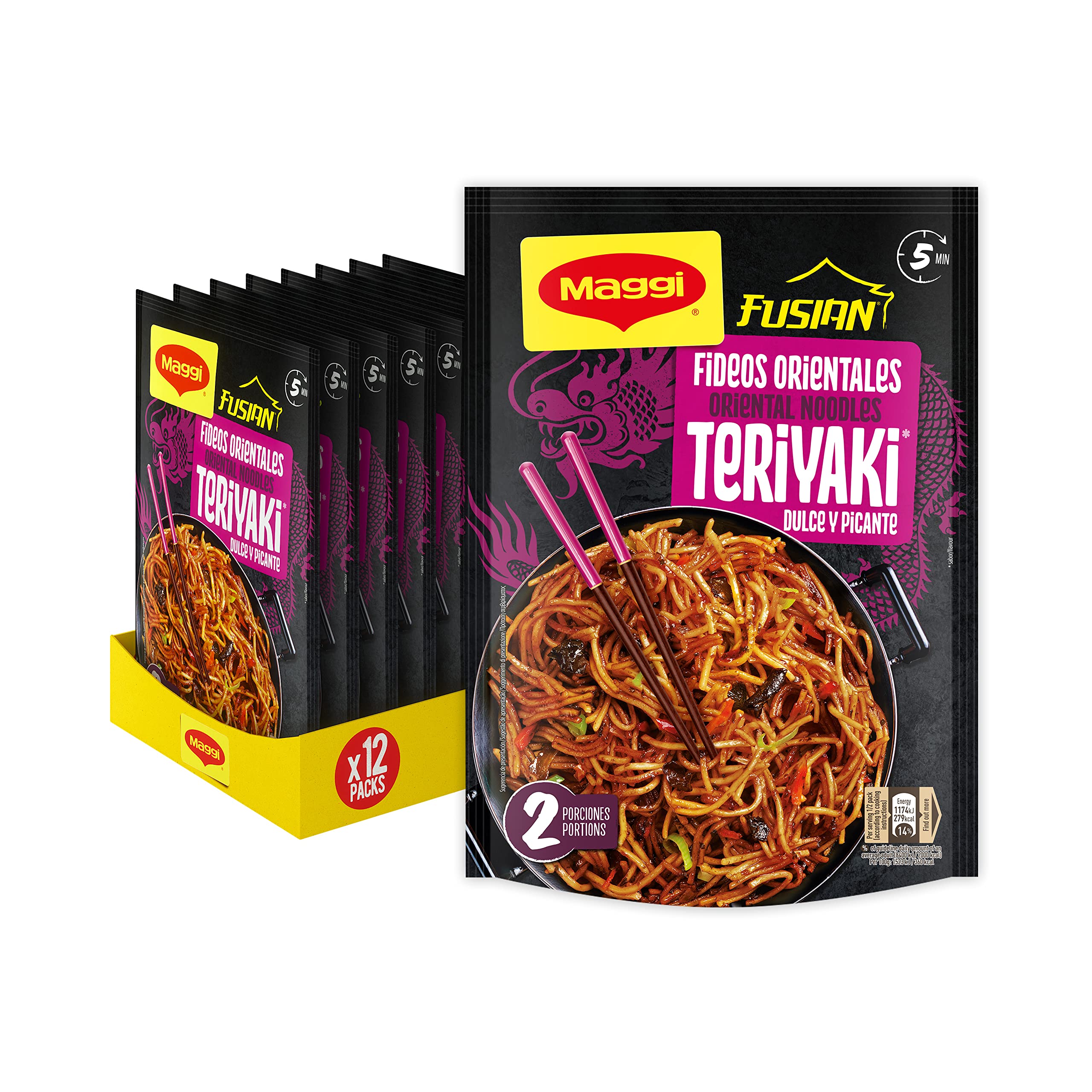 Maggi Fusian Fideos Orientales Teriyaki, 130 g, pack 12 | Listos en 5 minutos