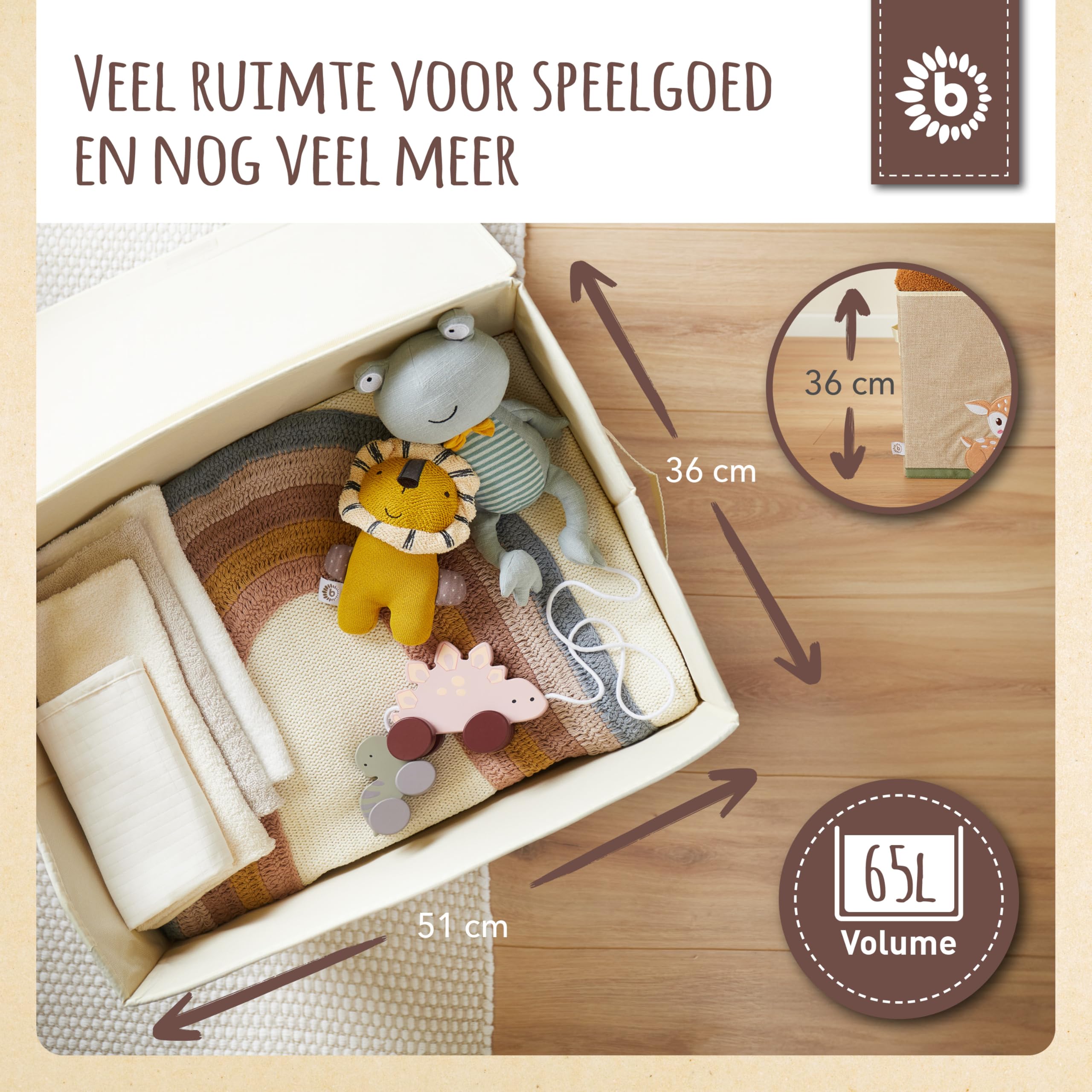 Bieco Opvouwbare opbergdoos met deksel, 65 liter, ca. 36 x 36 x 51 cm, opbergdoos voor kinderen, organizer incl