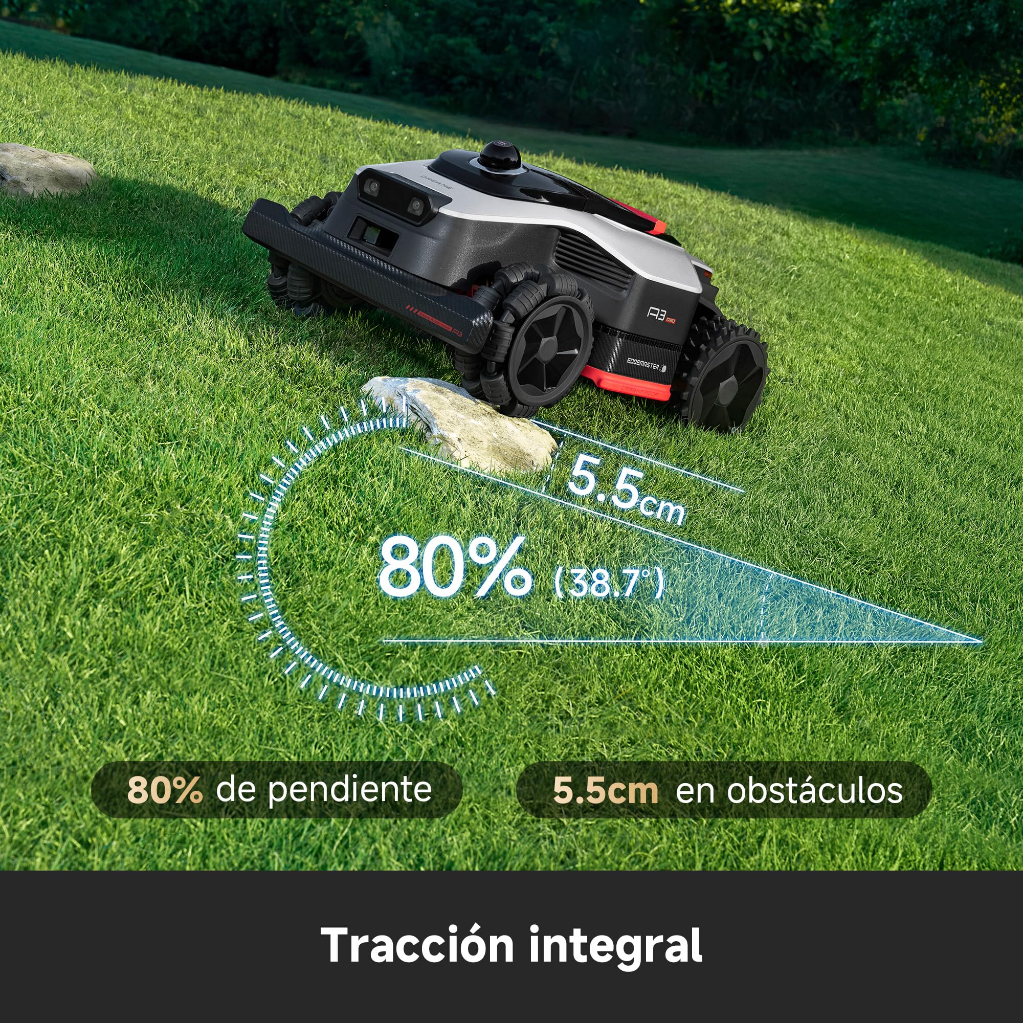 DREAME A3 AWD 2000 Robot Cortacésped sin RTK, LiDAR 3D y Visión Dual con IA | Cubre 2000㎡, Motores de Buje AWD, 80% (38,7°) de Pendiente y Obstáculos de 5,5cm, EdgeMaster: Cortado de Bordes de＜5cm