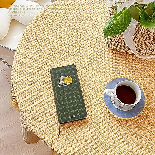 Miniatura 4 de NM&DMY Tassel Tablecloth Cotton Linen Weave Table Cover Premium Japanese Table Cloth Indoor Outdoor Tabletop Decor Dust-Proof Table Linens-Yellow