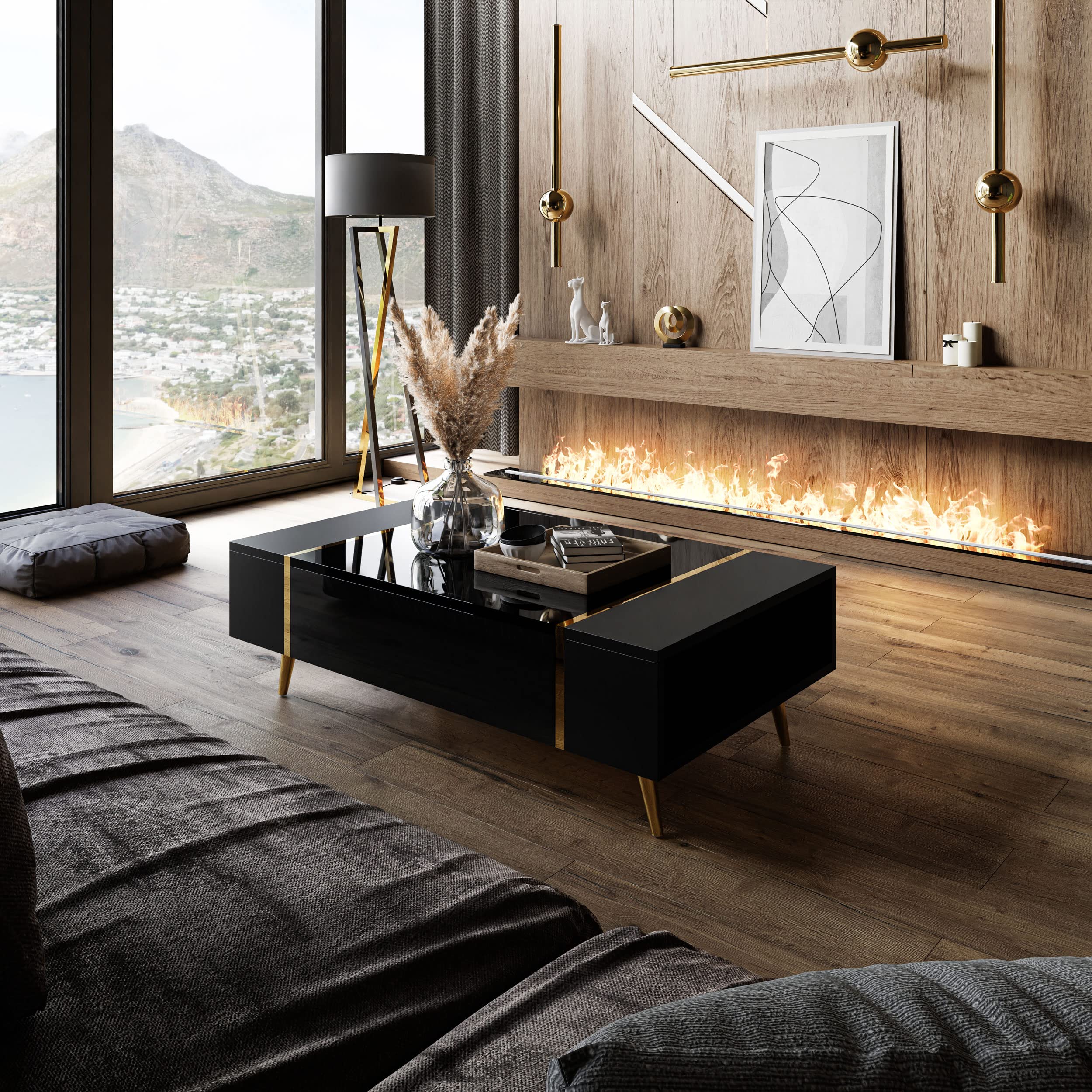 lukmebel Onyx Wohnzimmerset Auf Goldenen Beinen DREI Elemente Elegantes Und Modernes Design Leicht Zu Reinigen Abrieb- Und Kratzfest Laminierte Platte Schwarz