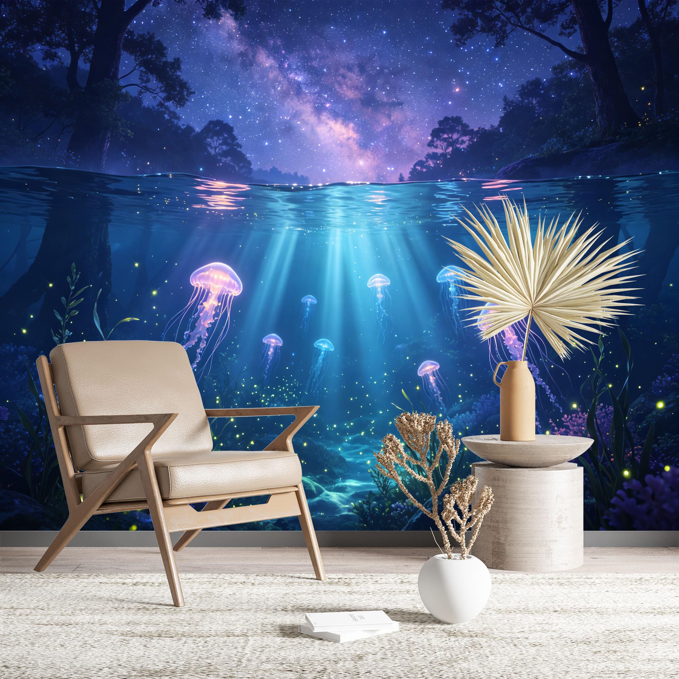Custom Size Wall Murals Glowing Jellyfish Underwater Forest Wall Murals Fantasy Wallpaper Realistic Self-Adhesive Removable Wallpaper for Living Room Bedroom