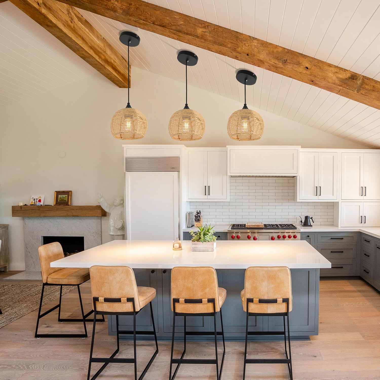 Wicker Pendant Lights Kitchen Island Natural Woven Pendant Light Boho Chandelier Fixture Dome Rustic Farmhouse Pendant Lights Rattan Light Fixture for Dining Room Kitchen Island