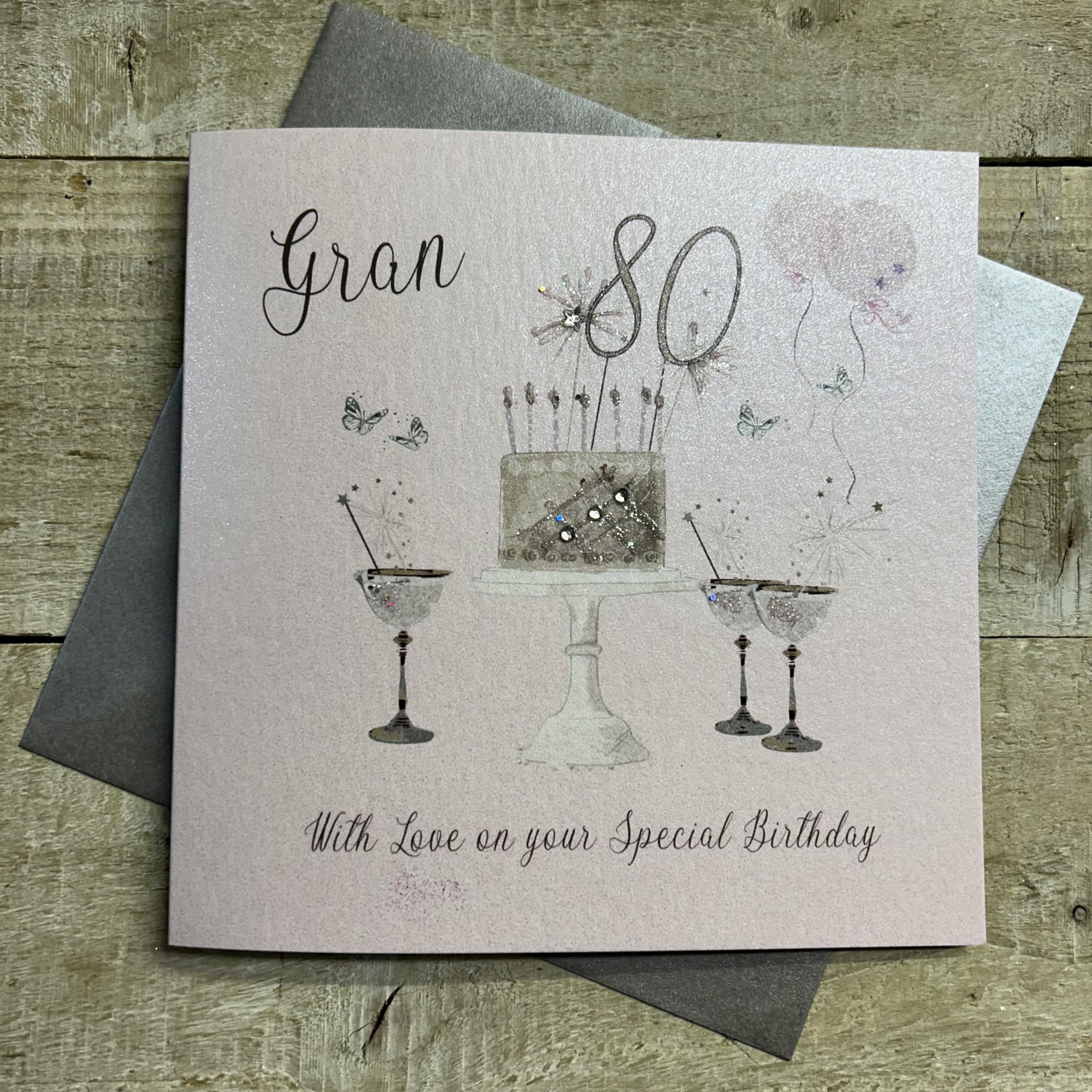 WHITE COTTON CARDS Happy 80th Birthday Card Gran Champagne Glasses Pink & Gold Sparkly Cake SS42-GRAN80