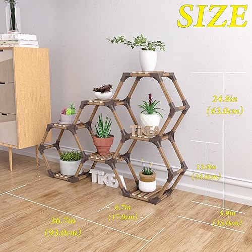 Miniatura 5 de Tikea Soporte hexagonal para plantas estante para plantas para interiores y exteriores soporte grande de madera para macetas de 7 niveles para