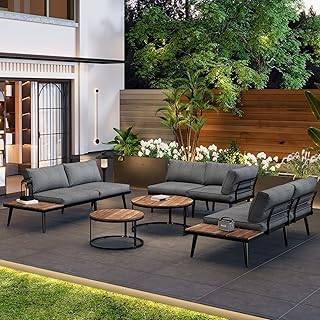 Merax Gartenmöbel Set 5-6 Personen, Lounge Sitzgruppe Outdoor mit Sofatisch, Ecksofa aus verzinktem Eisen & Massivholz, für Garten Balkon Terrasse, inkl. Kissen, wetterfest Gartenlounge, Grau