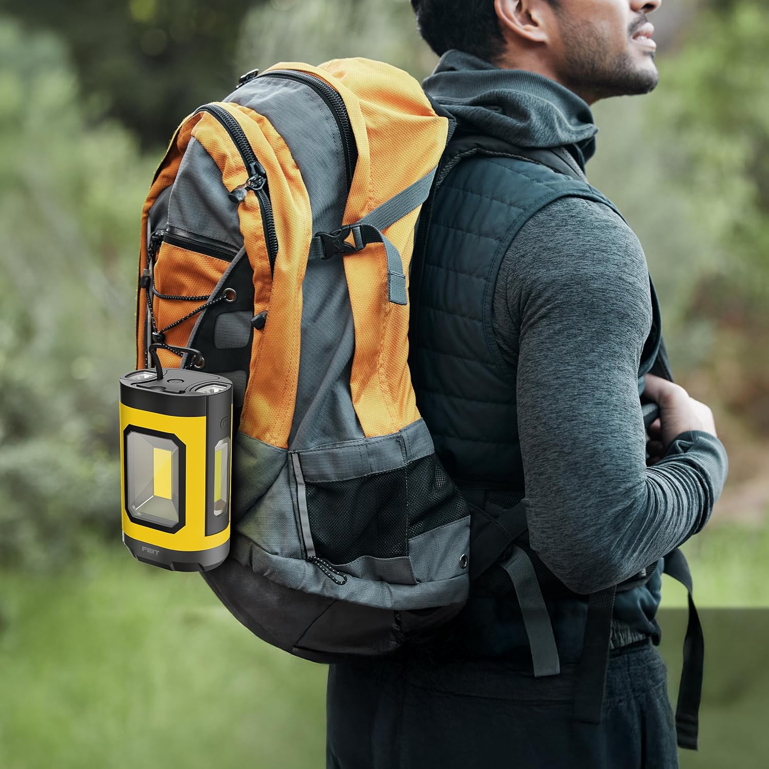 Feit Electric LANRFL1000 LED Lantern attached to a backpack