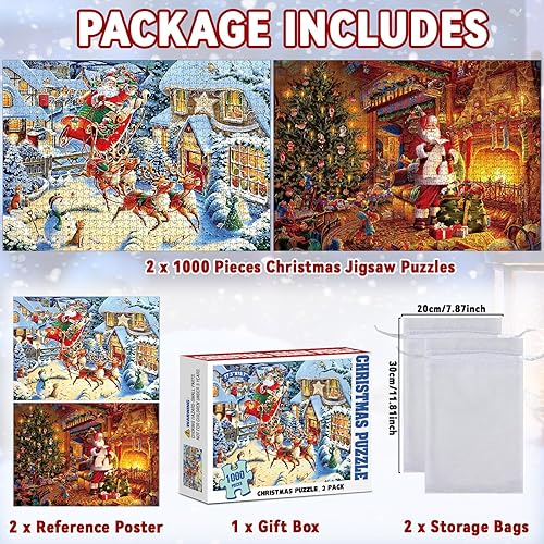 Miniatura 3 de Paquete de 2 rompecabezas de Navidad de 1000 piezas para adultos, Papá Noel jugando fuera de la chimenea, regalos de árbol de Navidad, rompecabezas
