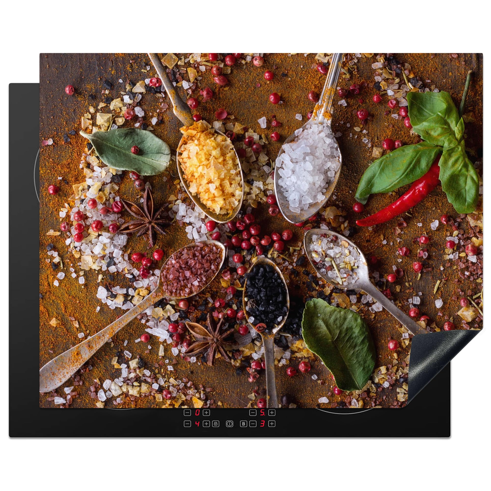 KitchenYeah© Induction Hob Cover Protector Mat 20.5"x25.6" / 65x52 cm Kitchen Universal Ceramic Covers for Electric Cookers Vinyl Spices - Herbs - Spoons - Salt - Brown - Kitchen