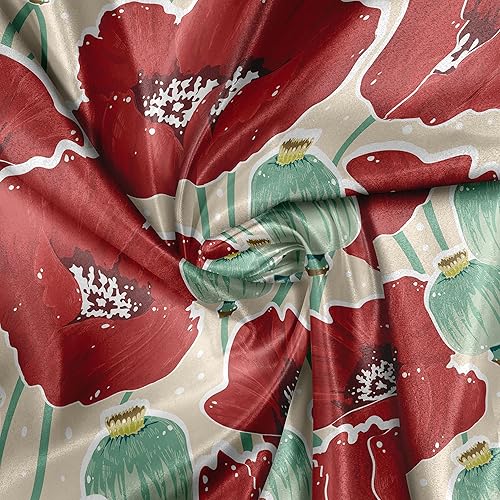 Miniatura 4 de Ambesonne The Yard, tela de flores de amapola con patrón de jardín de primavera con cápsulas de flores rojas y pequeños puntos, tela de satén