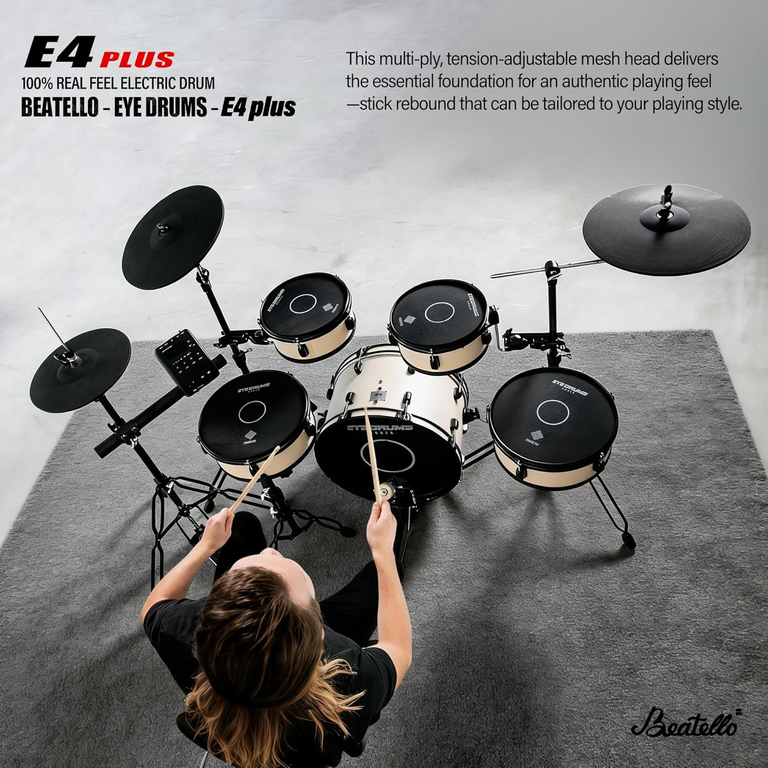 E4 Plus Electric Drum Set, Full-Size Electronic Drum Kit for Adults, 5 Drums&3 Cymbals, USB MIDI Recording, Wooden Shells, Mesh Drum Heads, Acoustic Drum Simulation, Rim Shot & Choke Function