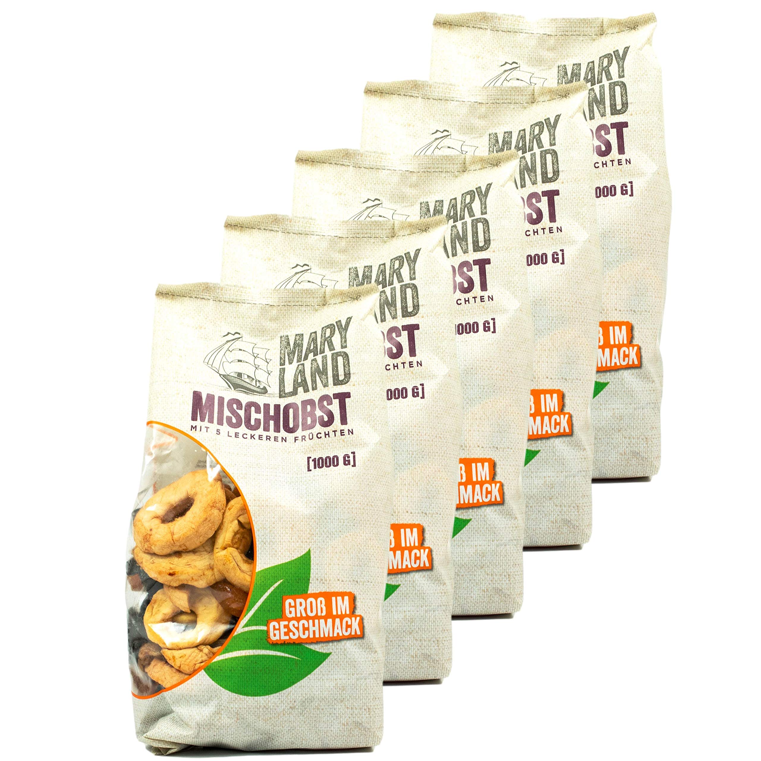 Maryland - 5er Pack Mischobst Trockenfrüchte mit 5 verschiedenen Früchten 1 kg Packung - Getrocknete Früchte Trockenobst Mischung mit Apfelringen, Pflaumen, Aprikosen, Birnen & Pfirsichen (entsteint)