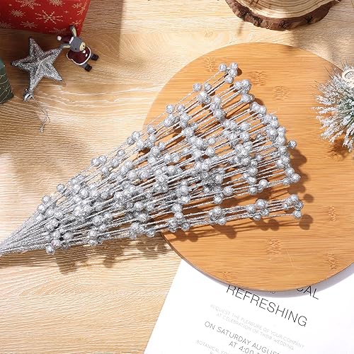 Miniatura 5 de SHACOS 200 tallos de bayas con purpurina de Navidad, ramas brillantes, adornos de Navidad, corona, manualidades, decoración del hogar, 16 pulgadas,