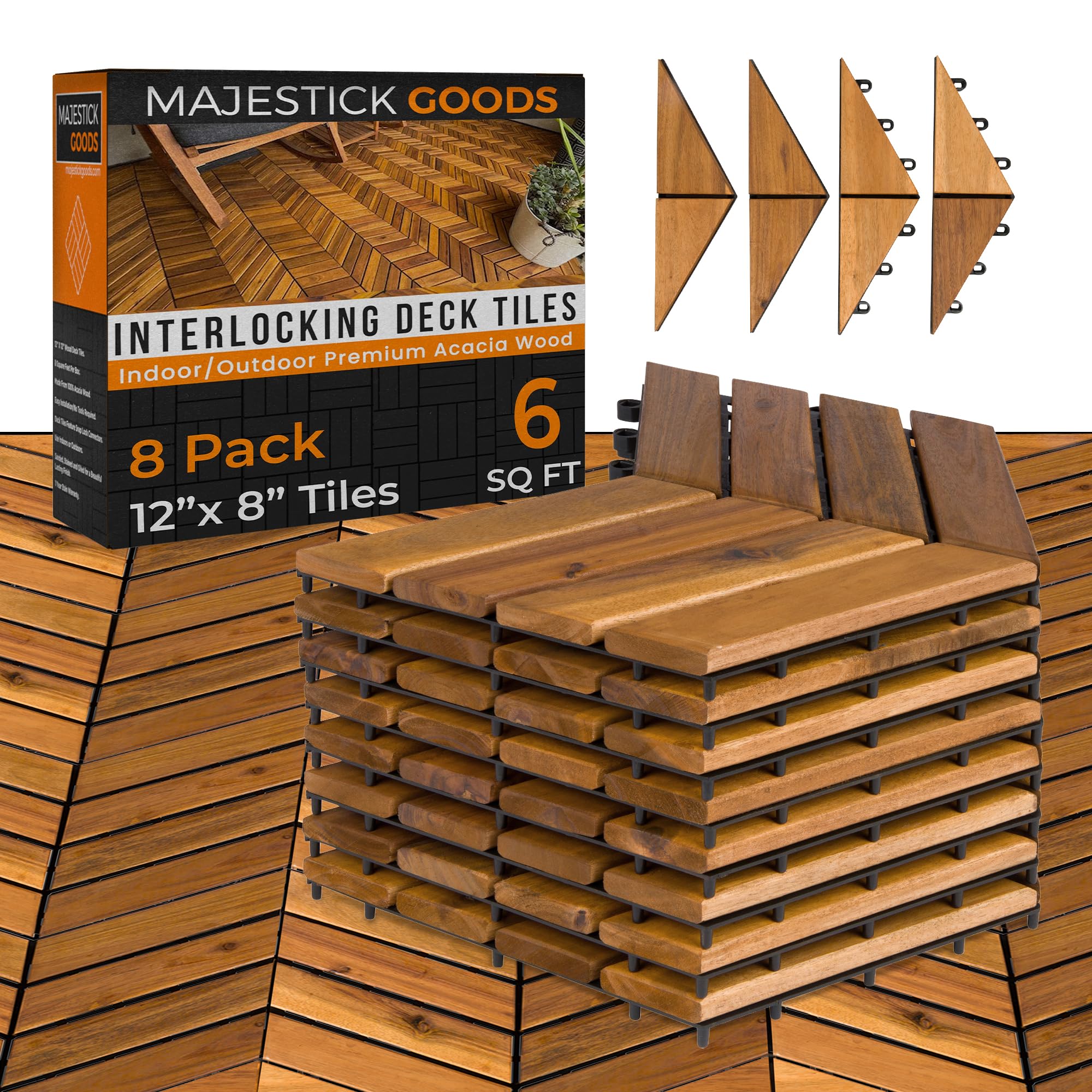 Piastrelle ad incastro 30,5 x 22,9 cm, a spina di pesce, 6 mq, in legno di acacia antiscivolo, per esterni, patio, terrazza, portico e balcone, facili da installare (confezione da 8)