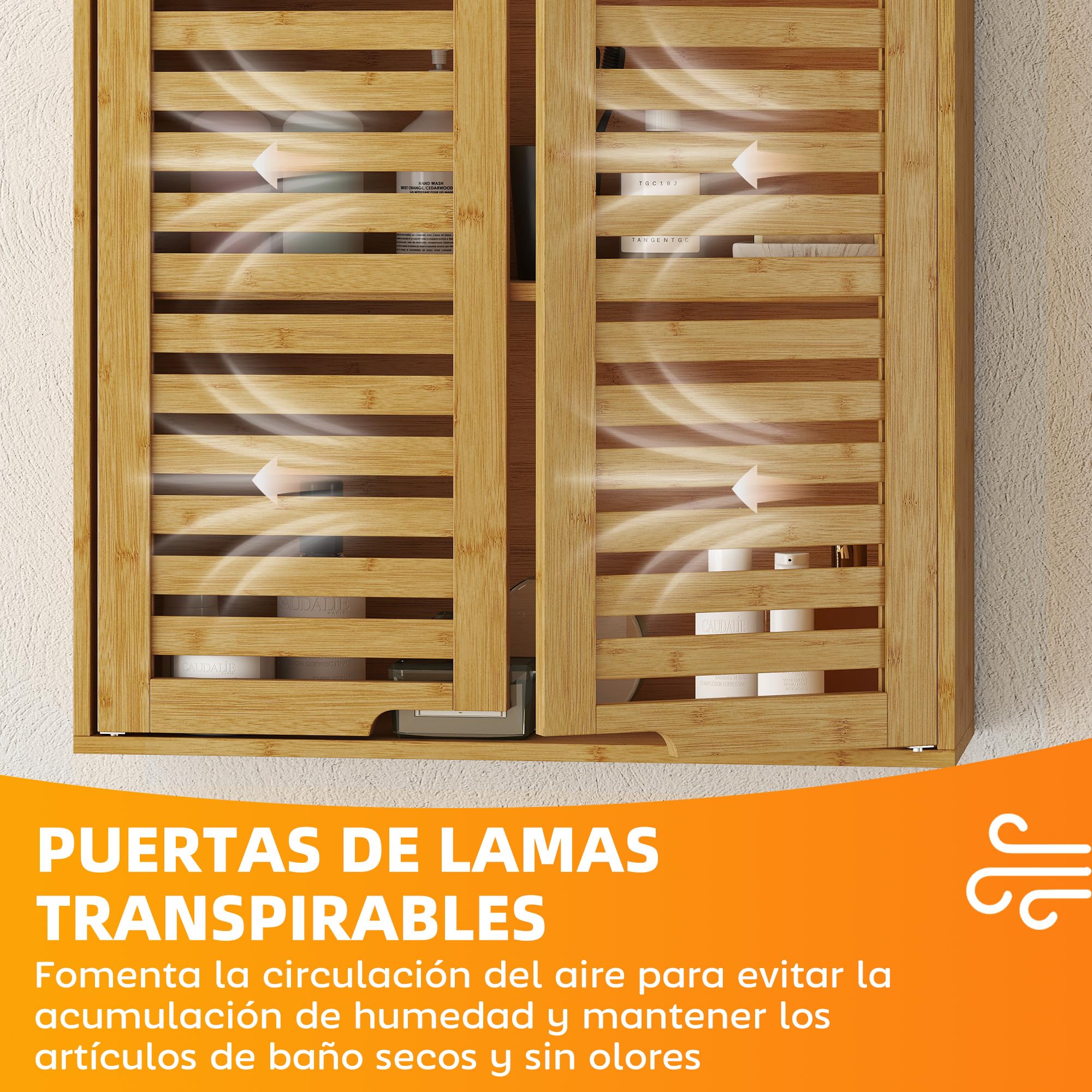 HOMCOM Armario de Baño de Pared de Bambú con Estante Regulable Natural | Puertas de Lamas, Mueble de Baño Colgante, Armario de Almacenamiento sobre el Inodoro, para Cocina y Lavadero