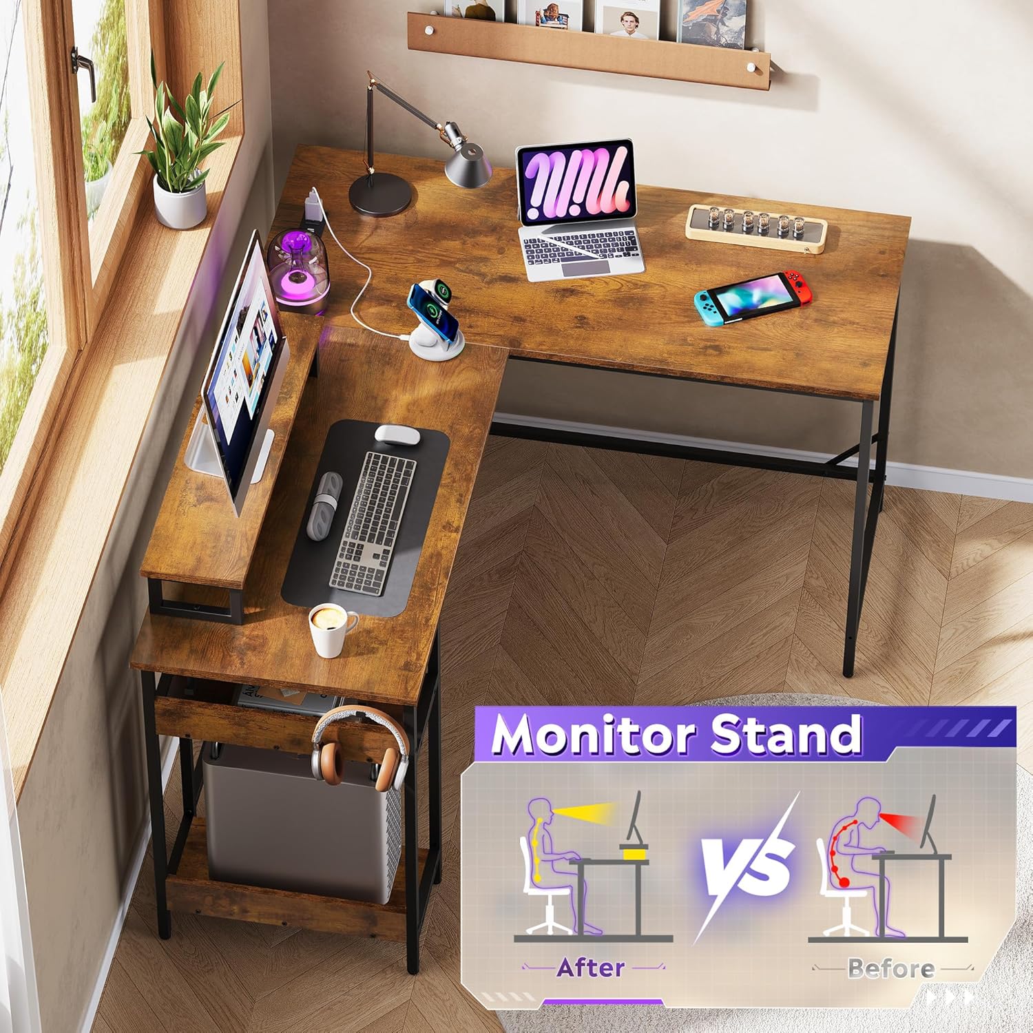 Illustration comparing posture with and without a monitor stand.