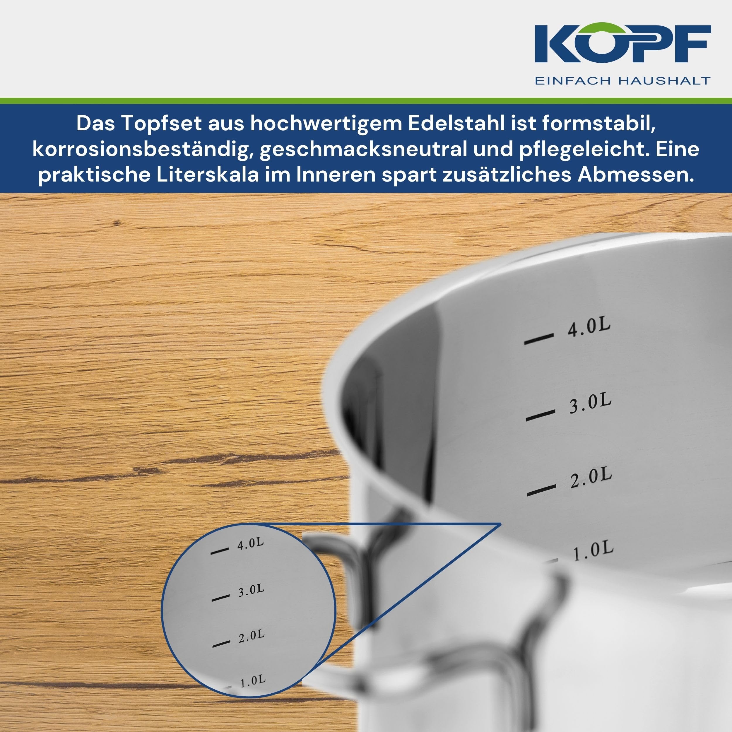 Kopf Topfset Merkur aus Edelstahl - Induktionstöpfe mit Schüttrand, Literskala und Glasdeckel – 4-teilig