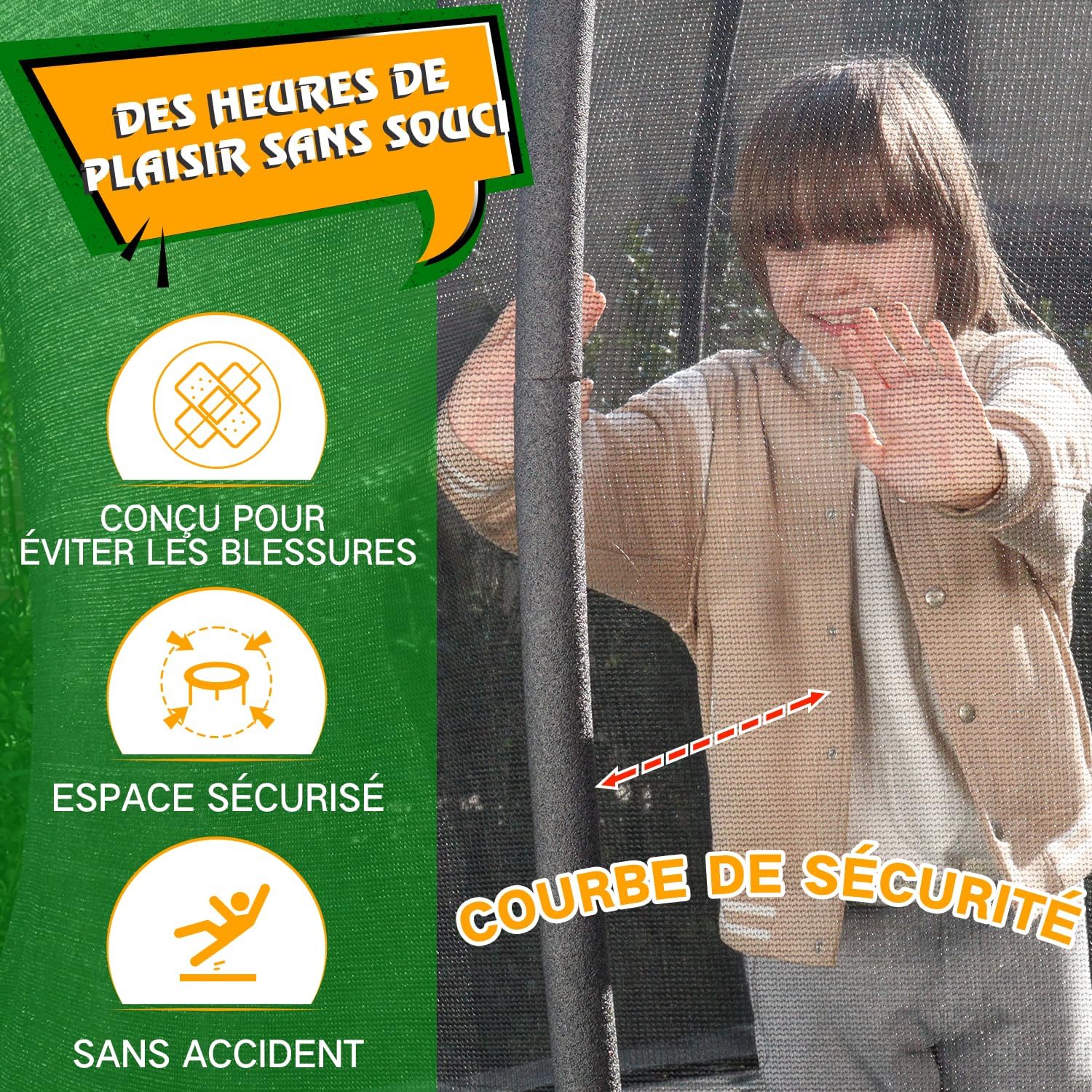 Child interacting with the safety net and curved safety poles of the trampoline