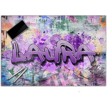 Gamer Desk Mat Personalised with Name 60 x 40 cm Graffiti for Girls Waterproof Desk Mat Wipe-Clean High-Quality Acrylic Glass Gaming Motif Teenager Plastic