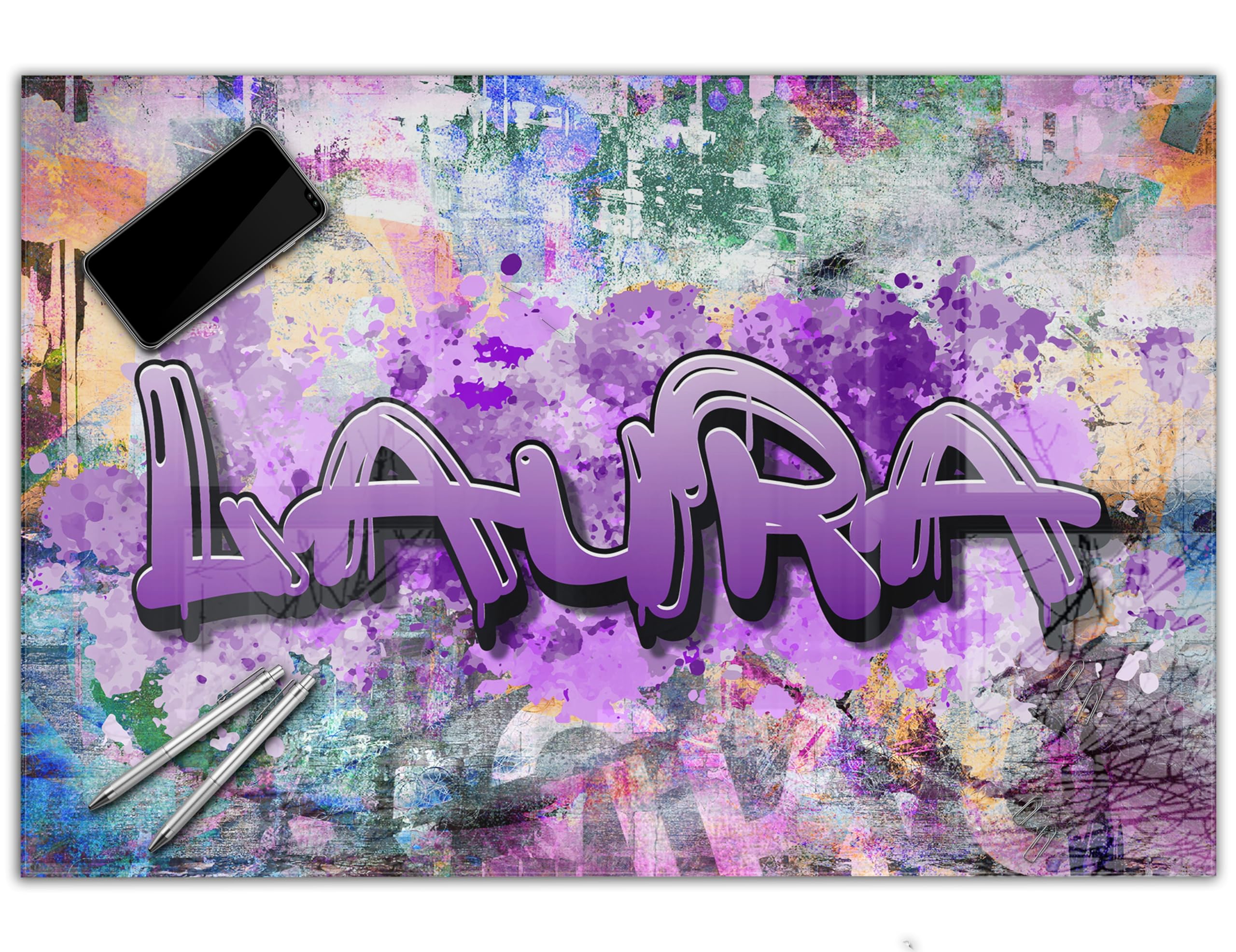 Gamer Schreibtischunterlage personalisiert mit Namen | 80 x 60 cm Graffiti für Mädchen | wasserfeste Schreibunterlage, abwischbar, hochwertiges Acrylglas, gaming Motiv Teenager Kunststoff