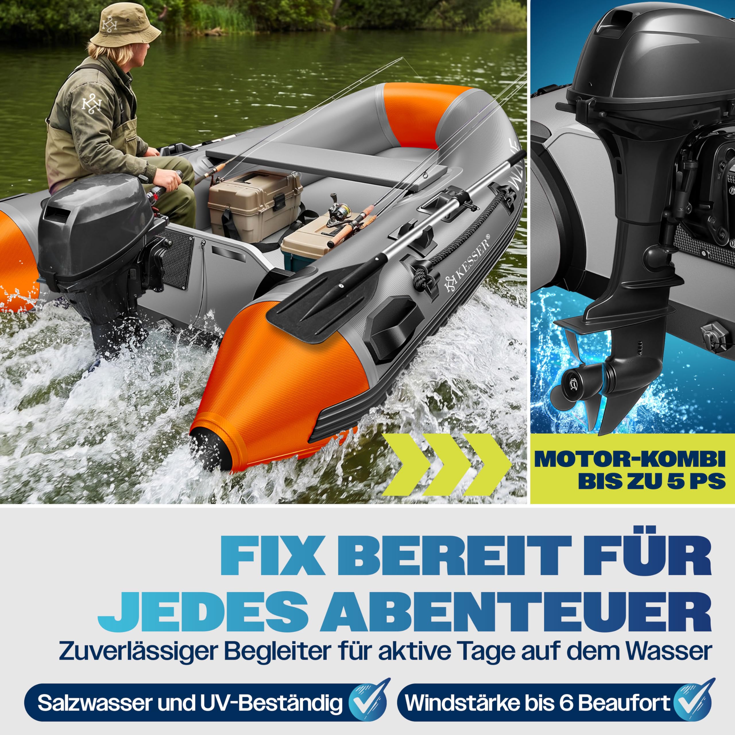 KESSER® Schlauchboot Wave 230-320 cm Set de 6 piezas inflable – Bote + banco, bomba de aire, remos, kit de reparación, bolsa, bote de pesca, bote a remo pequeño y grande - posible combinación con
