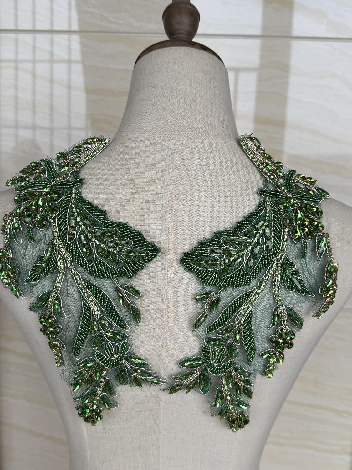 2Pcs Green Rhinestone Beaded Applique, Handmade Leaf Crystal Lace Patch for Prom Dress, Wedding Gown, Dance Costume, Sewing DIY Accessory