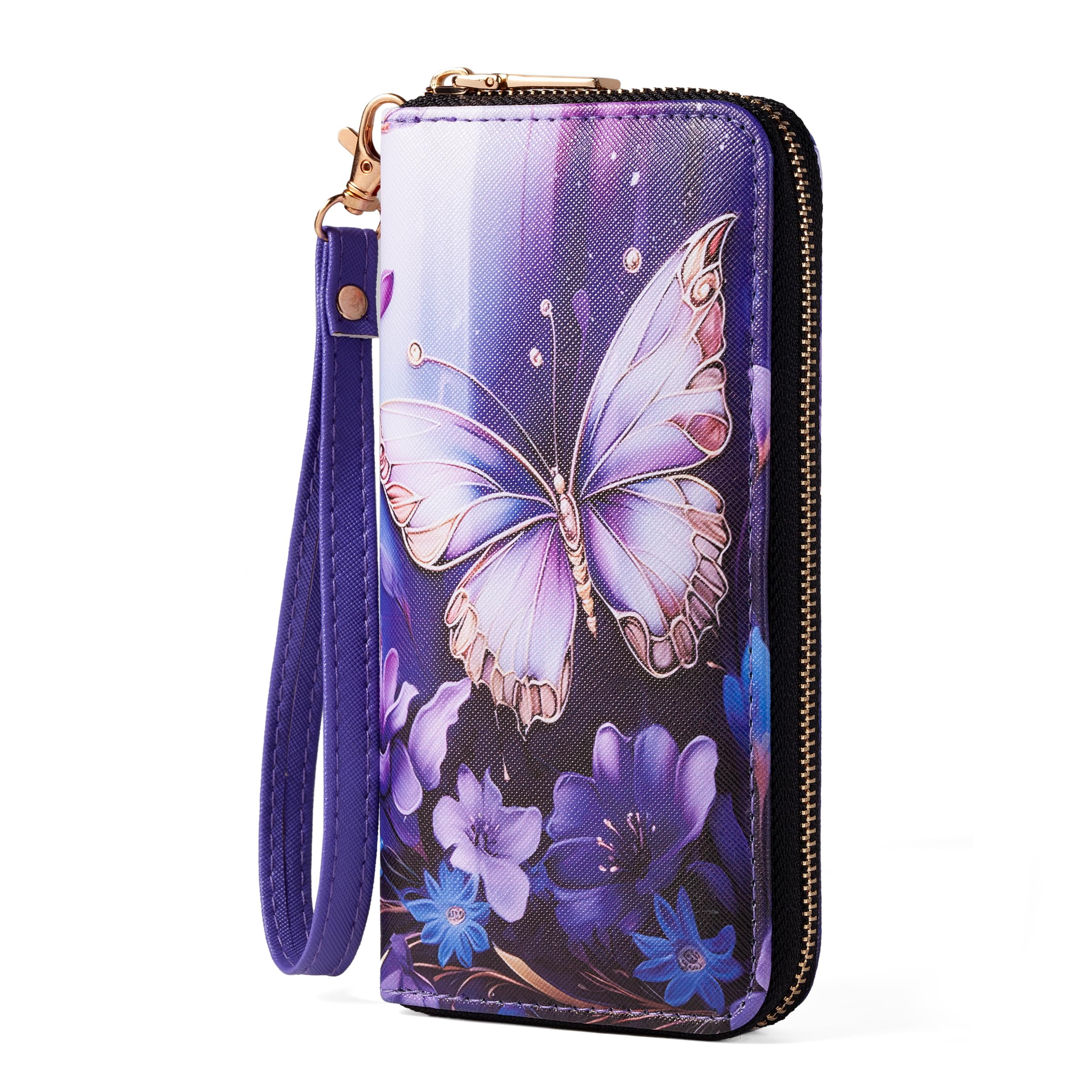 Checkered Highland Cow Print Book Wallet For Women Skull Goth Frog Butterfly Ladies Cluth Wristlet Wrist Strap Long Purse Zip Around Card Holder