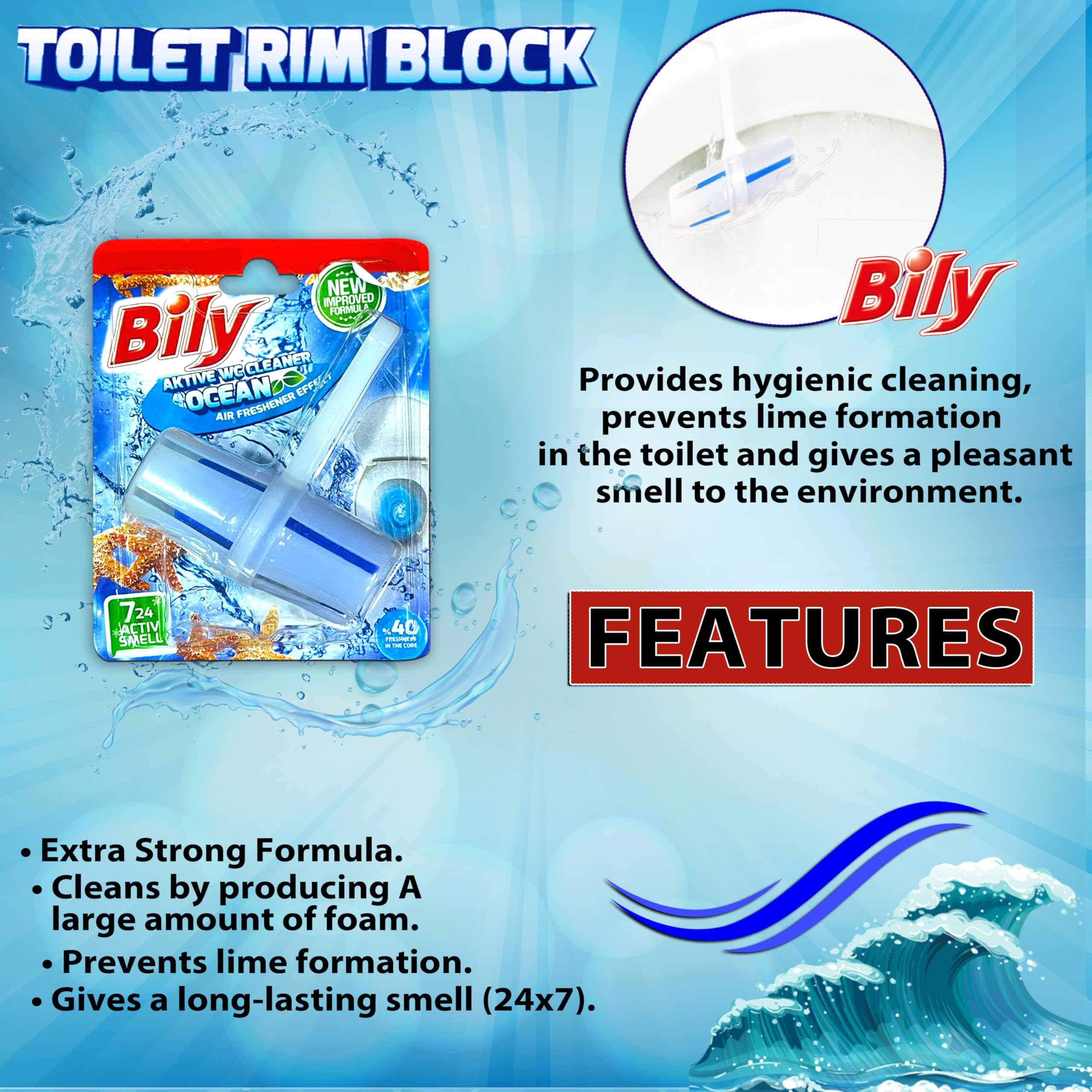 Bily Solid Toilet Rim Block Ocean | 3 * 40g Value Pack| Powerful Foaming and Cleaning | Prevents Limescale and dirt buildup | 24 * 7 Fragrance and Freshness| 4 Function Formula - Image 5 thumbnail