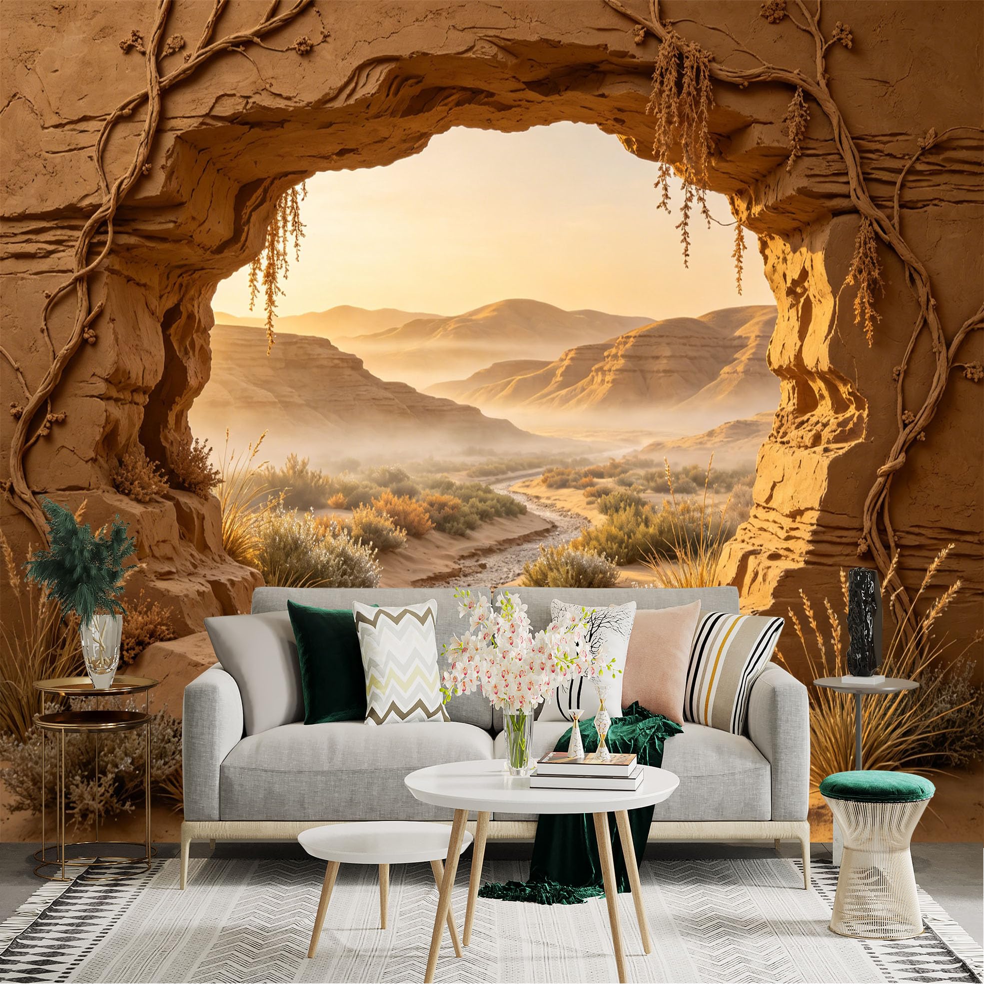 Custom Size Wall Sticker Mural， Desert Canyon Landscape with Golden Sand， Rocks and Sunlight， for wall Decoration， peelandstick wall Decals.