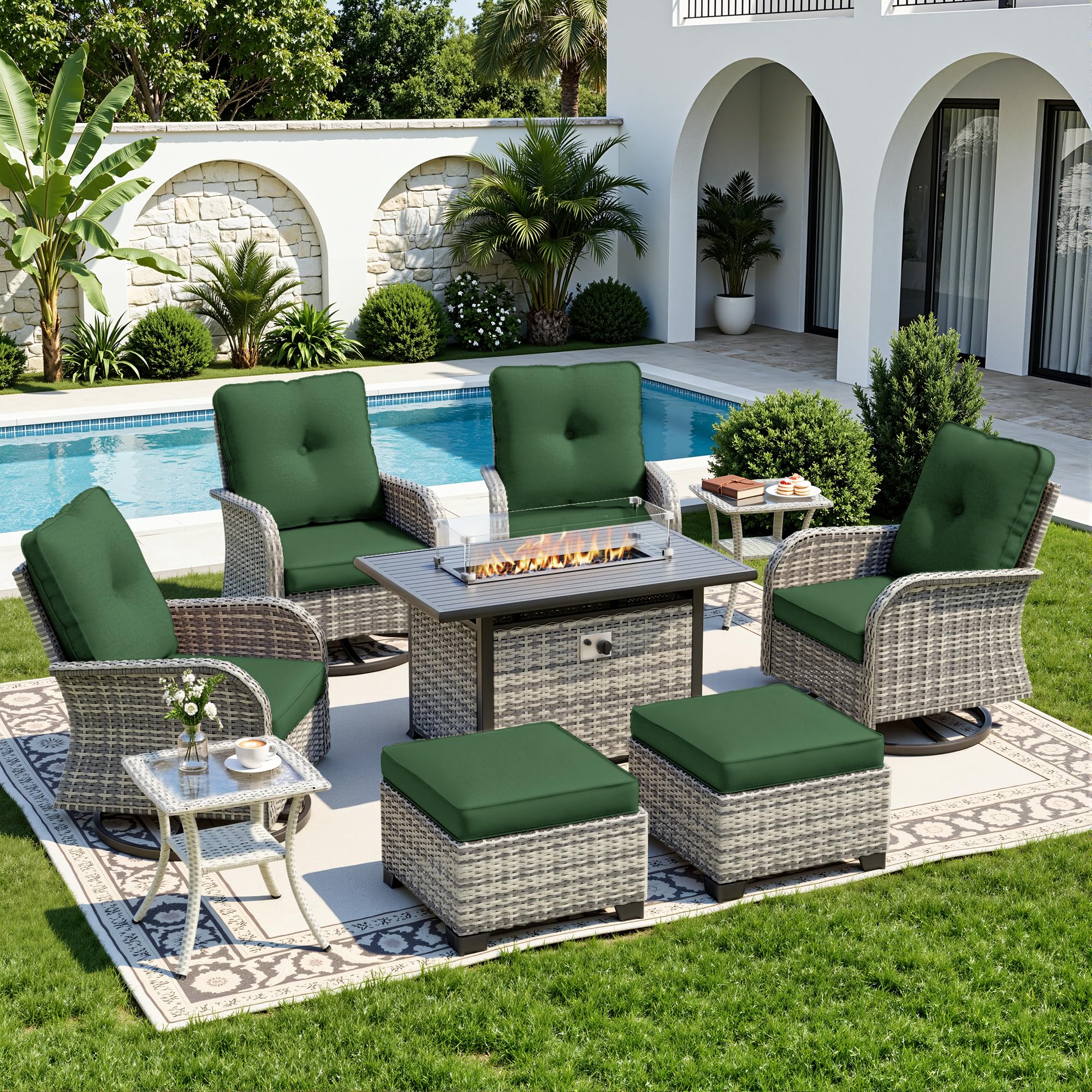 9-Piece Small Patio Furniture Set, Outdoor Swivel Rocking Chairs Set with 55,000 BTU Fire Pit Table Wicker Chairs and Ottomans, Patio Bistro Set for Balcony, Deck, Porch,Dark Green