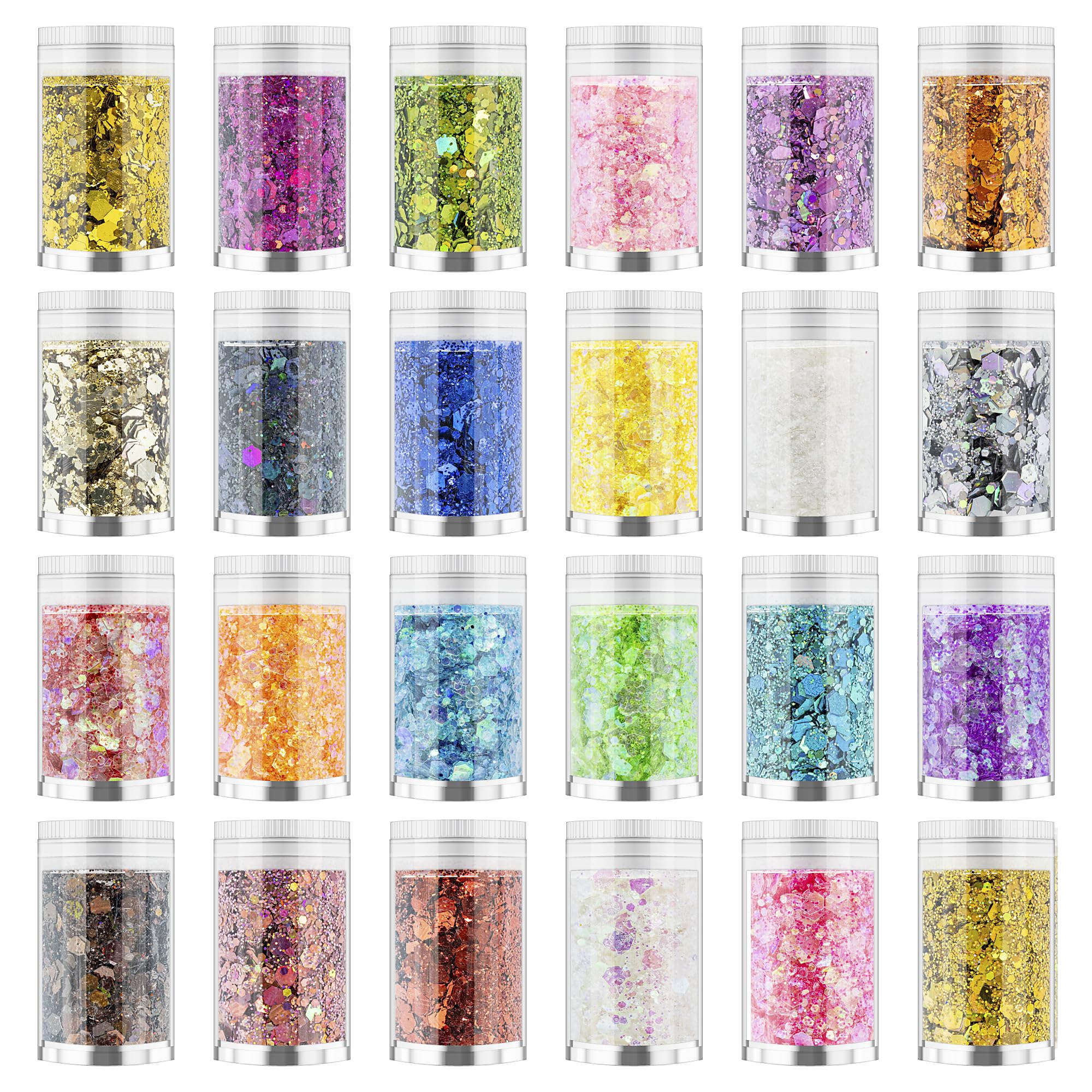 Holographic Chunky and Fine Glitter Mix, 24 Colors Festival Sequins & Glitter Powder, Iridescent Flakes for Face Body Eye Hair Nail Art Resin Tumbler