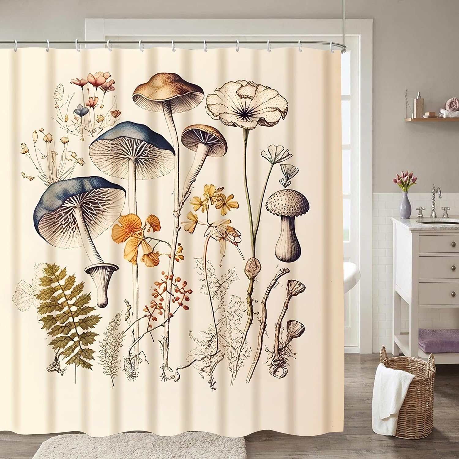 Yakuyir Mushroom Shower Curtain Set Rustic Fern Wildflower