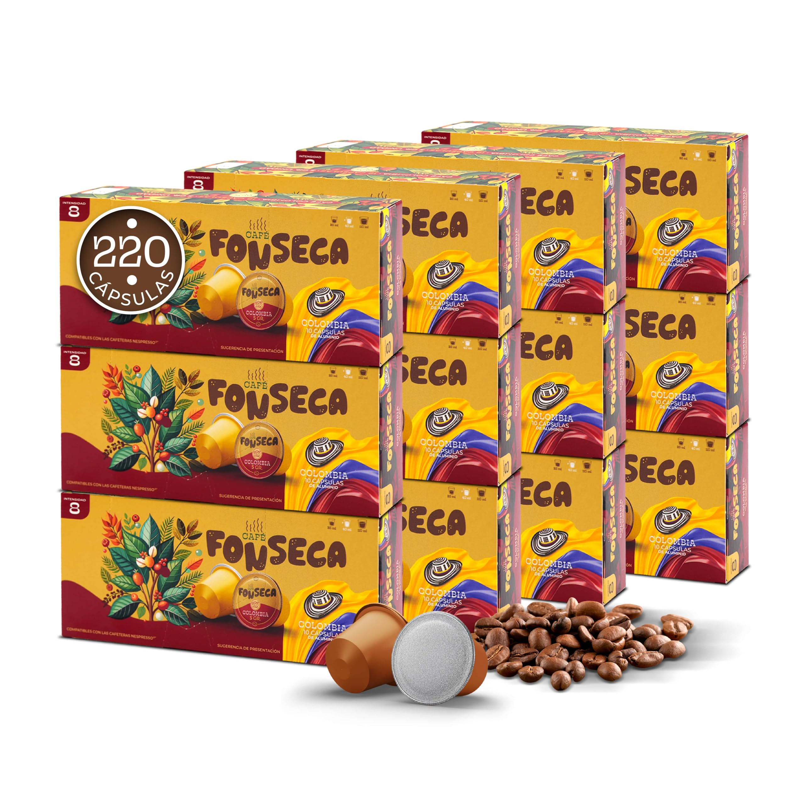 FONSECA Cápsulas Café Colombia Compatibles con Nespresso, Pack 220 Cápsulas | Café 100% Arábica Suave con Aromas de Miel Dorada, Tueste Medio Intensidad 8 Producido en Portugal