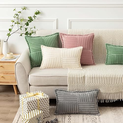 Miniatura 5 de UGASA - Juego de 2 fundas de almohada de pana con textura de rayas súper suaves, fundas de cojín decorativas con costado ancho para casa rural,