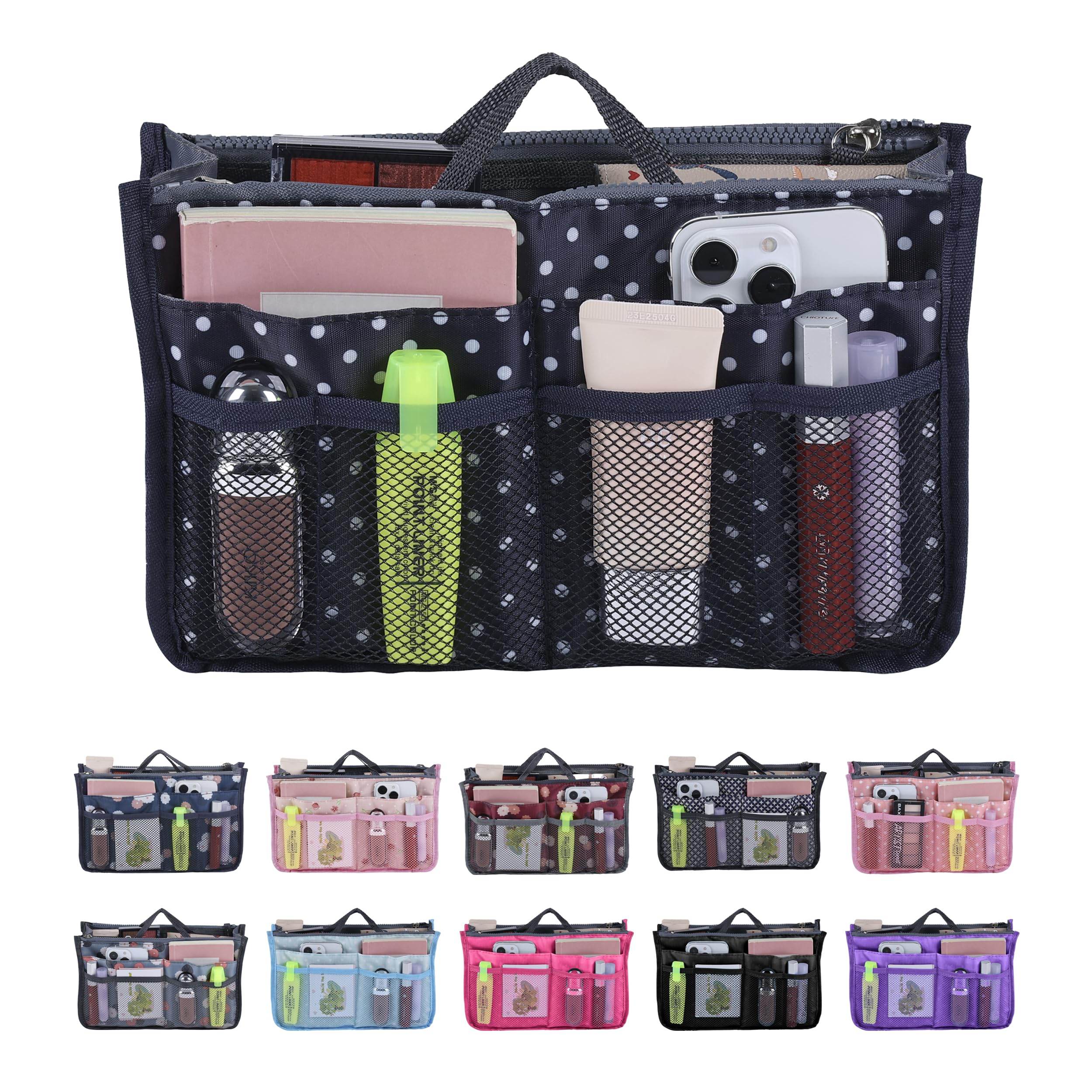 Jj Prime Polka Dots, Black Multi Compartment Bag - Expandable Tote Bag Divider With 13 Pockets (Polka Dots, Black)