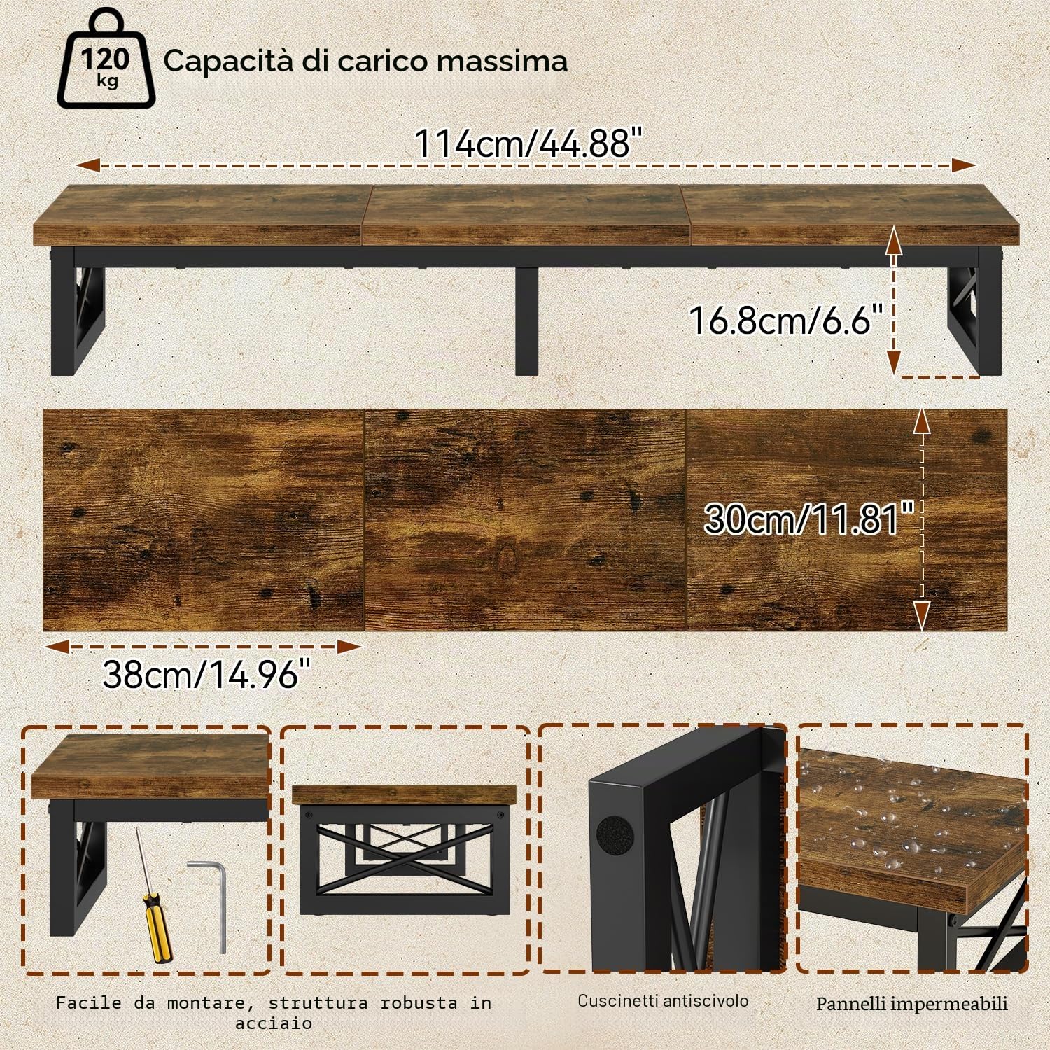 IBUYKE Mobile TV da 32-60 inch TV, Mobiletto Basso per TV a 2 Ripiani,scrivania per ufficio a doppio schermo,Mobile TV per Soggiorno e Camera da Letto,Marrone rustico TVT002H