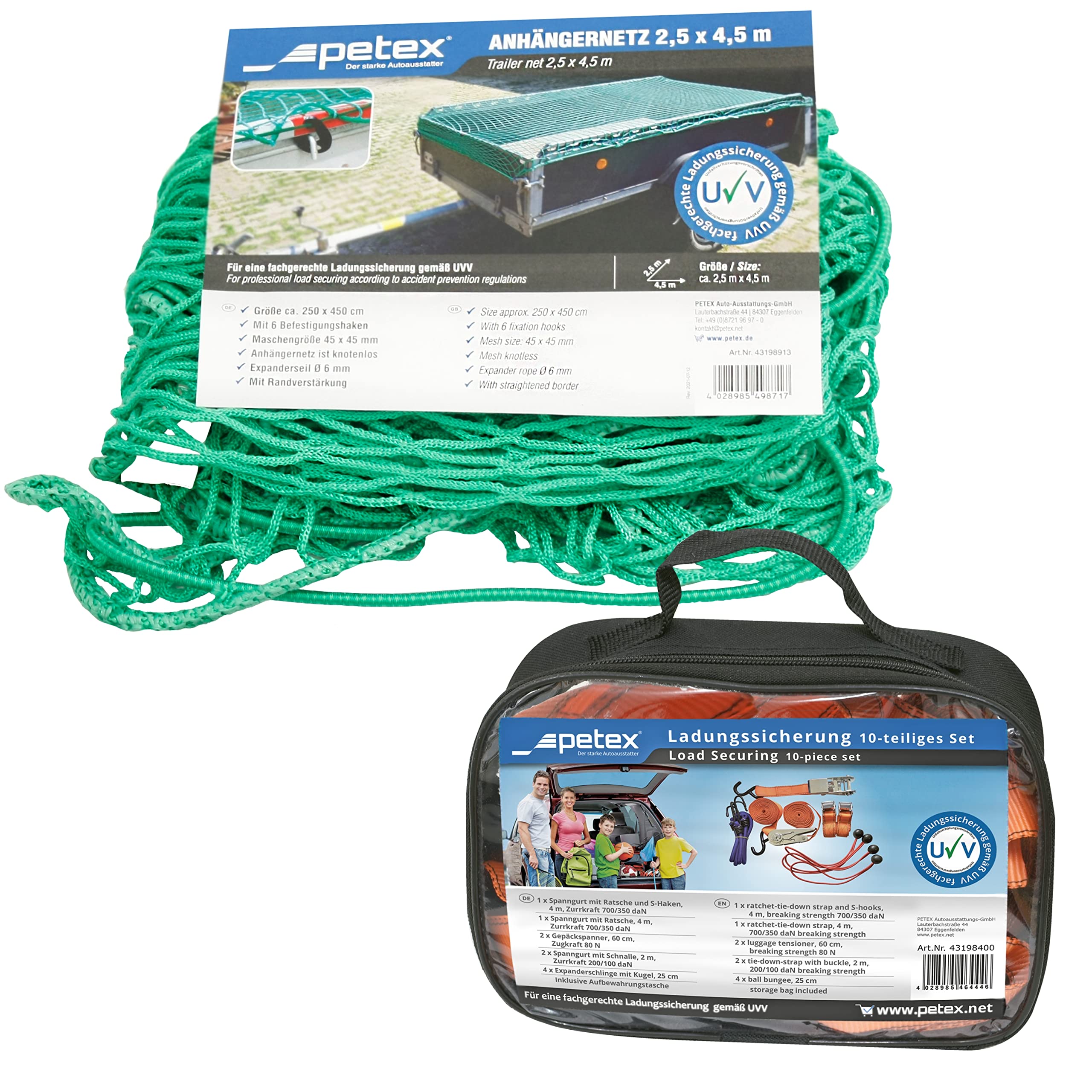 PETEX Anhängernetz 2,5 x 4,5 m, grün inkl. Ladungssicherungsset, 10-teilig