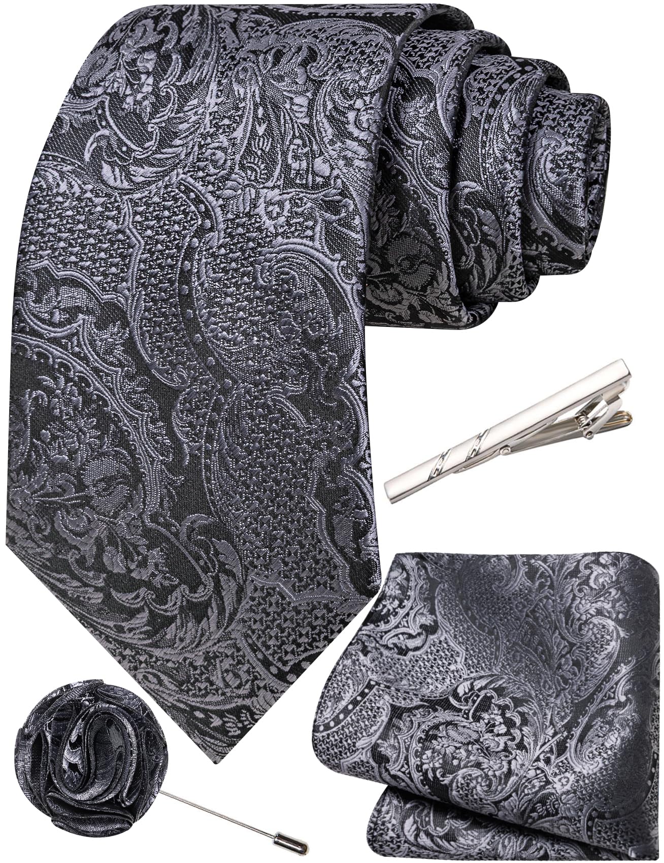Unique Paisley Ties for Men Silk Neck Tie and Pocket Square Set with Tie Clip Lapel Pin Wedding Formal