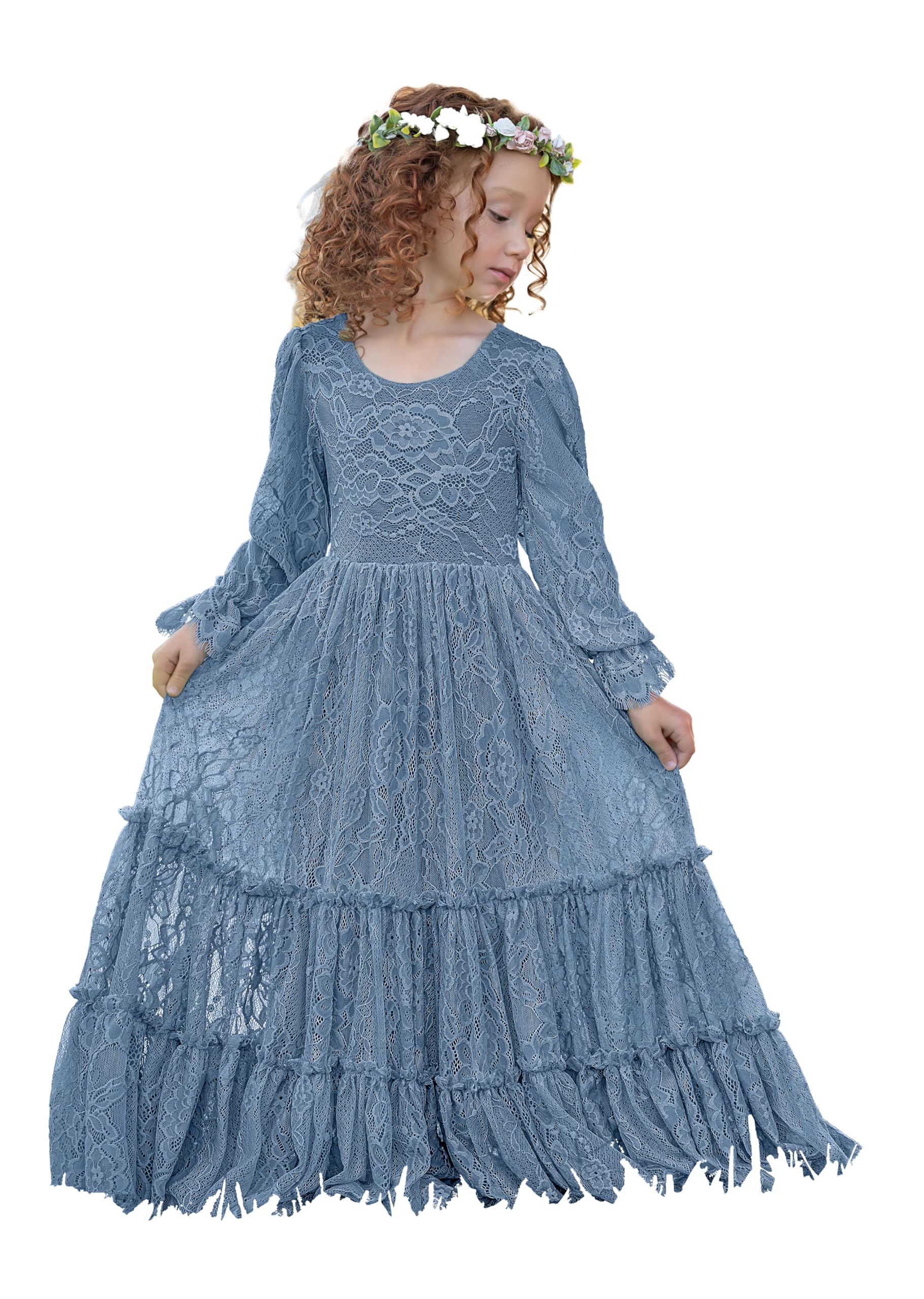 LalaMira Flower Girl Dress Lace Boho Toddler Dresses Ruffle Girl Dress for Wedding Garden Party Holiday Communion Long Sleeve Dusty Blue-12 Months