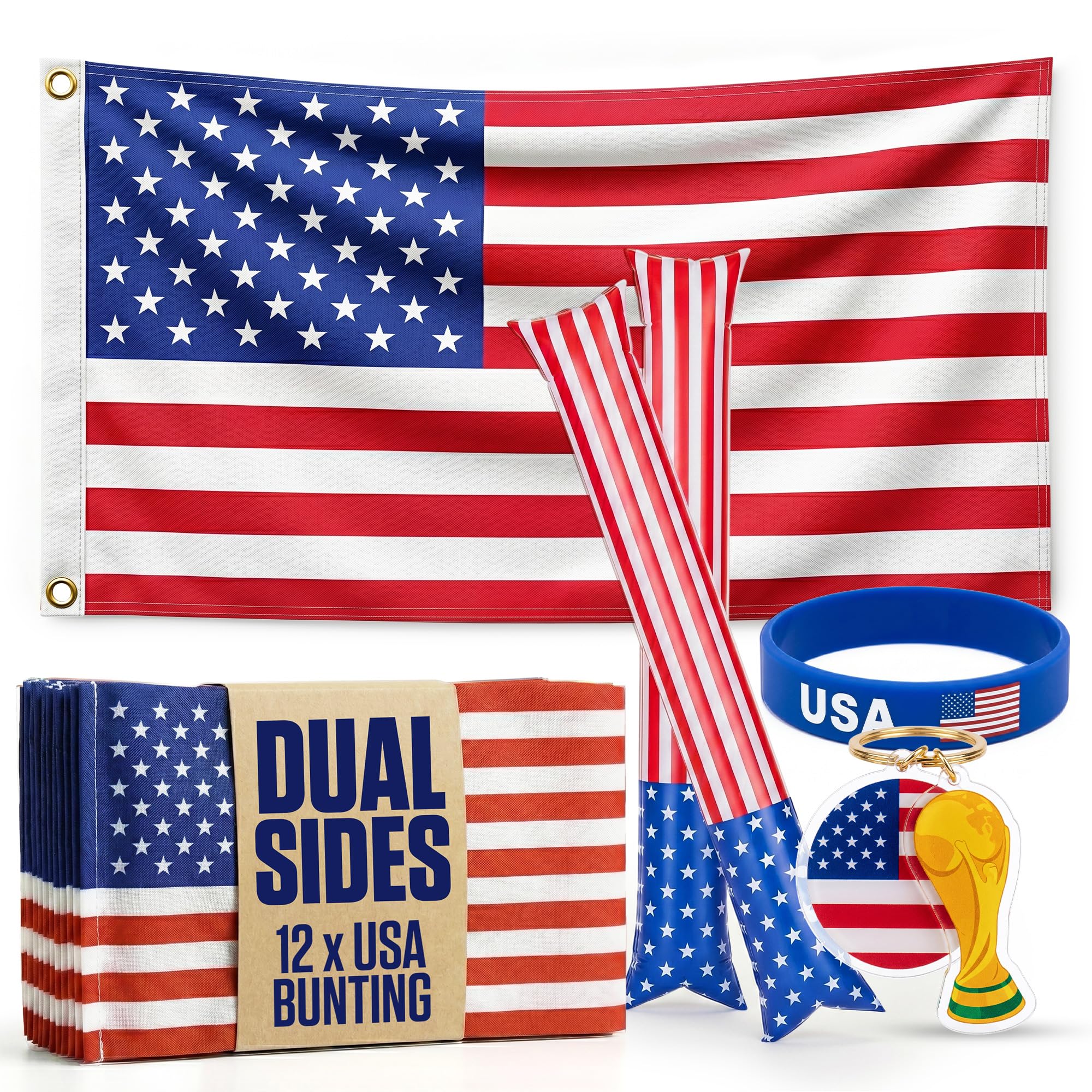 Photo 1 of 2026 World Cup Soccer Supporter Set – 3x5ft USA Flag, Bunting, Thundersticks, Wristband & Keyring – USA Football Fan Set for World Cup, Parties & Events