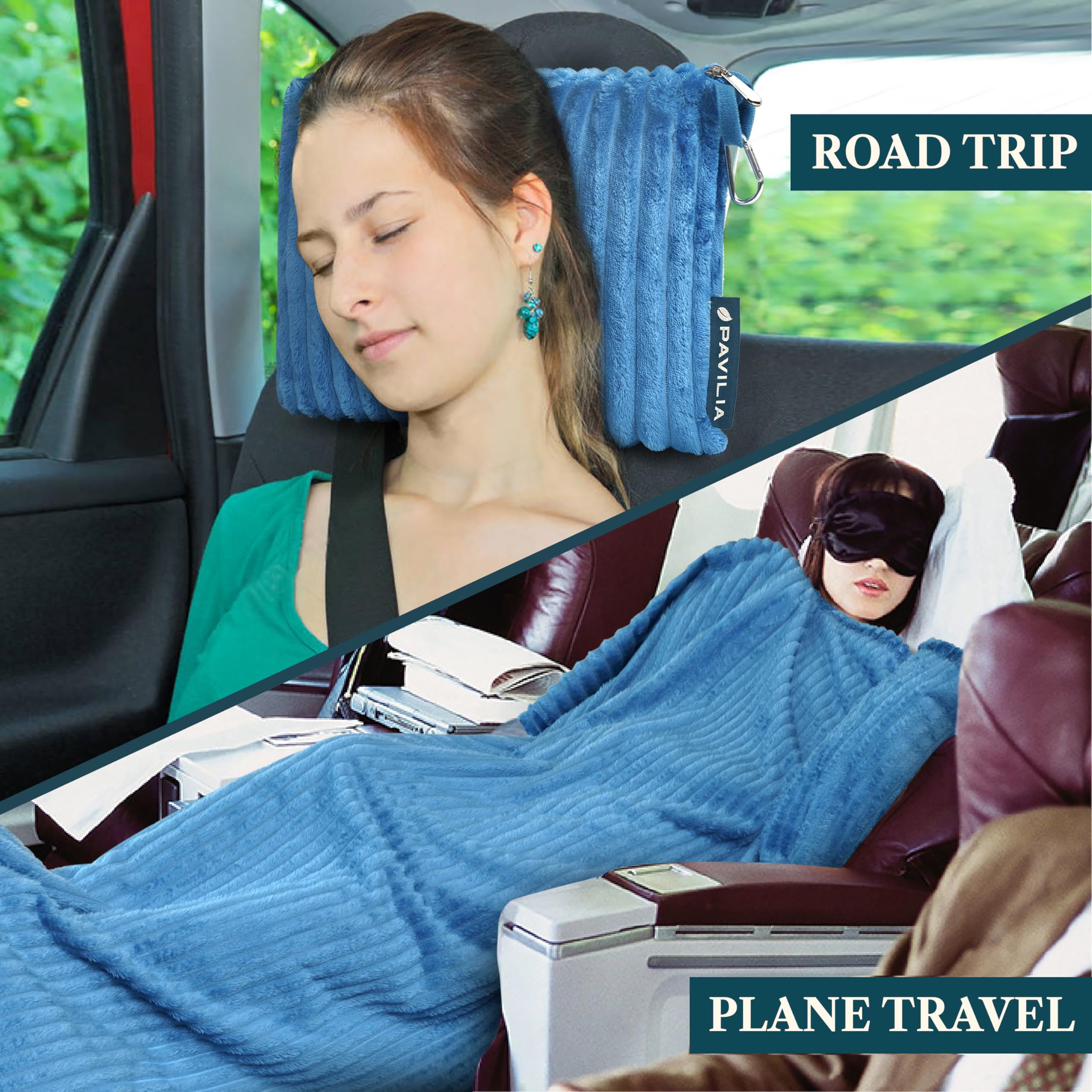 PAVILIA Almohada de Viaje en Bolsa Suave con Bolsillos, Juego de avión, compacta y Plegable, Almohada de Coche Flight Essentials, Regalos de Accesorios de Viajero, Correa de Equipaje, Turquesa, Azul